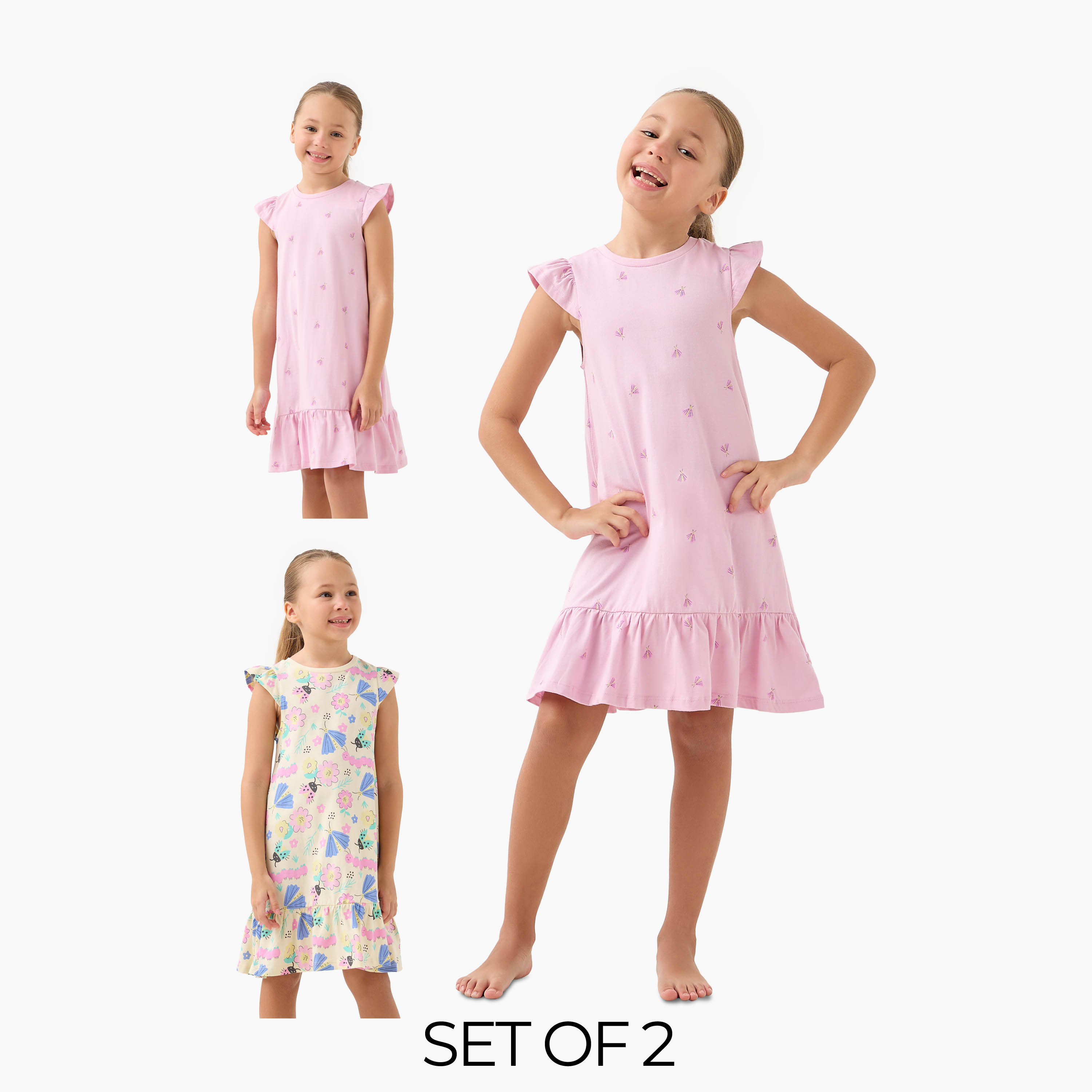 طقم فستان نوم بدون أكمام بطبعات مع حافة بكشكش من جونيورز - قطعتين-girls-clothing-nightwear-image-1