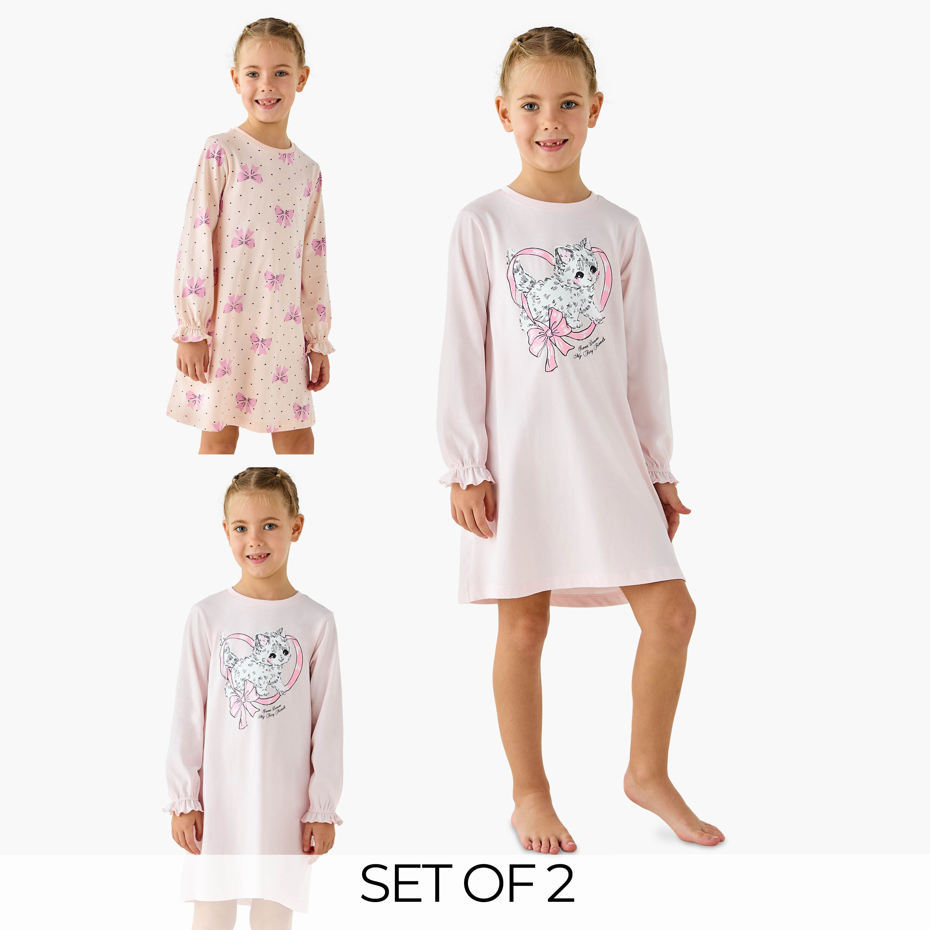 Juniors Printed Night Dress with Long Sleeves - Set of 2-girls-clothing-nightwear-image-1