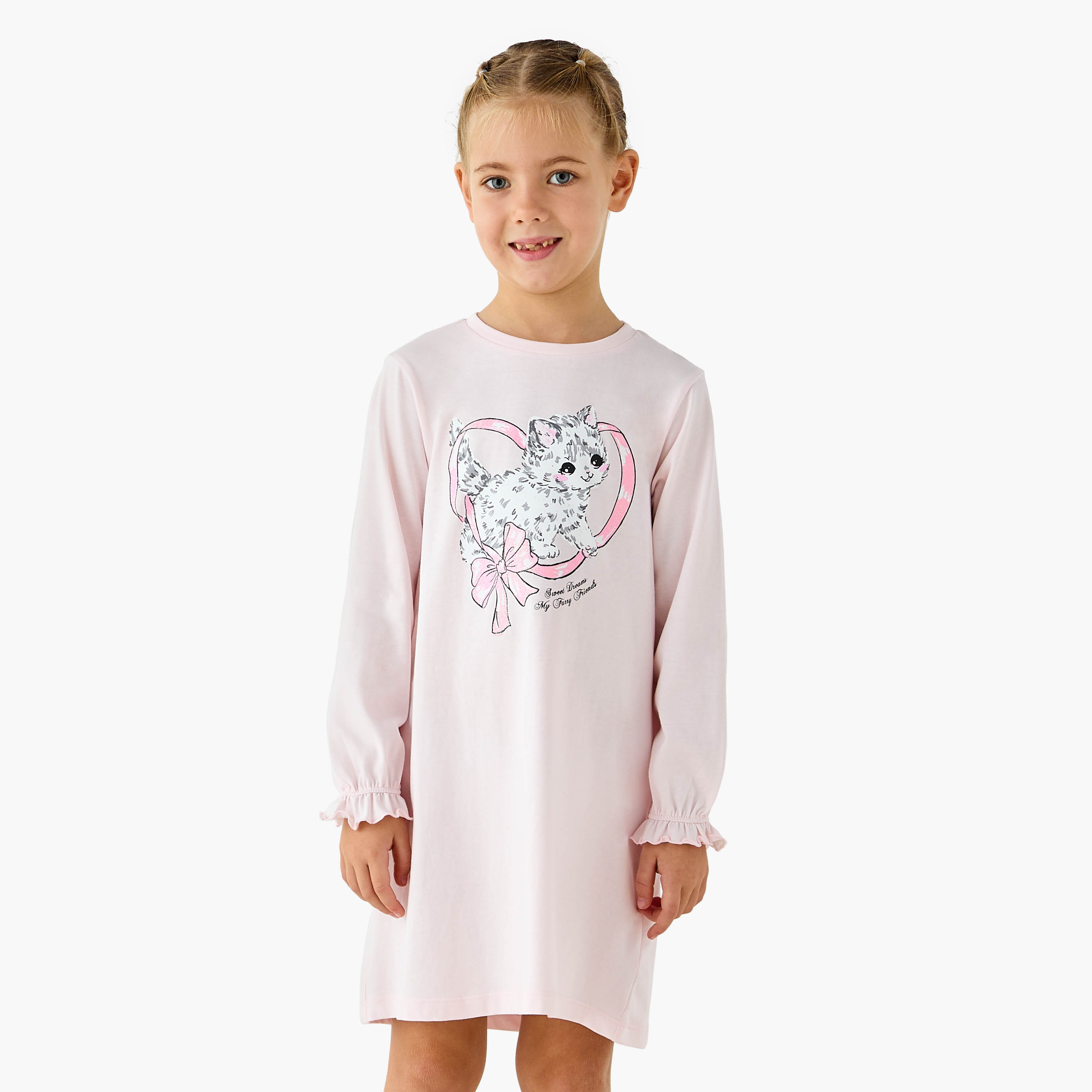 Juniors Printed Night Dress with Long Sleeves - Set of 2-girls-clothing-nightwear-image-3