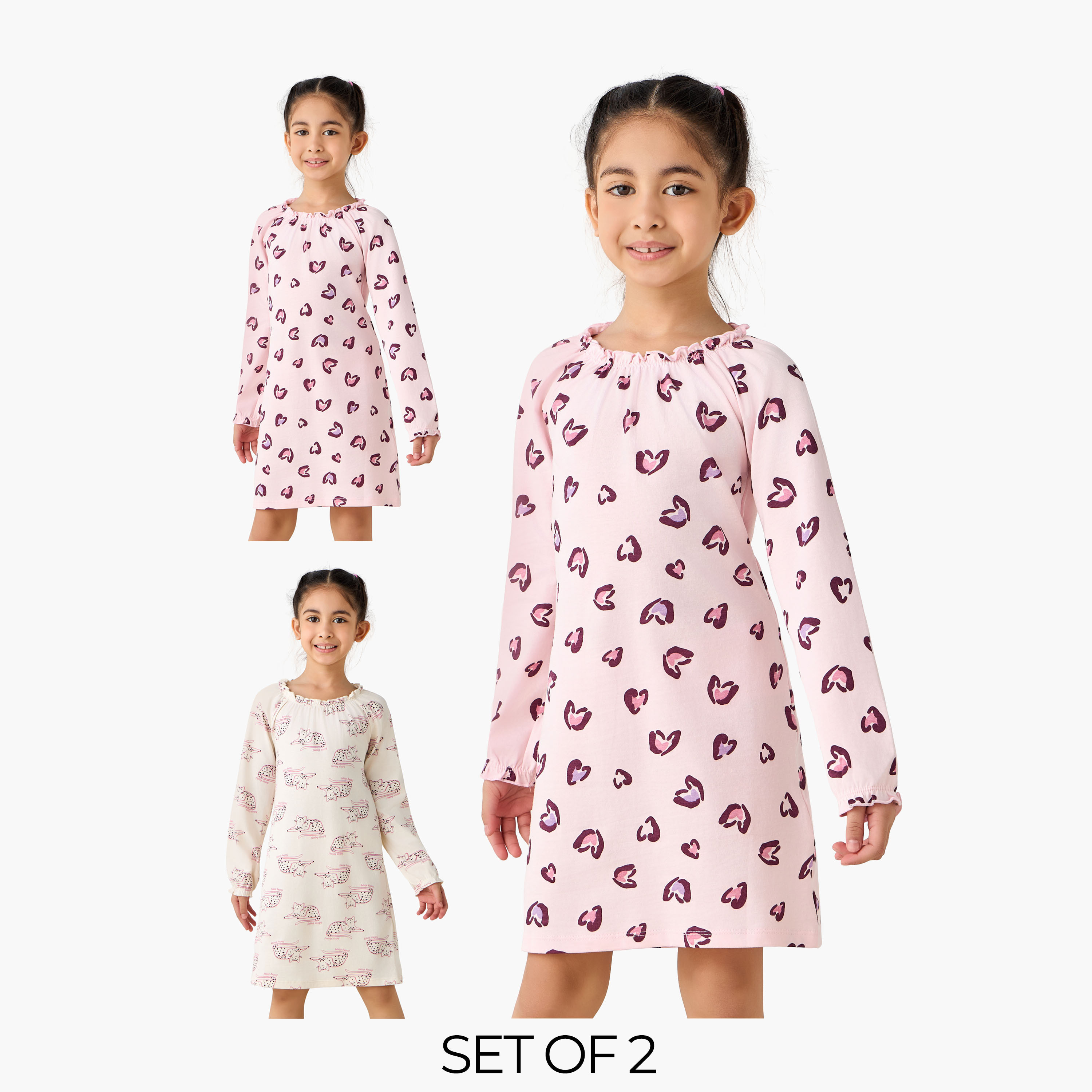 Pack of 2 Juniors Cotton Pie Crust Neck Long Sleeves Night Dress with Print-girls-clothing-nightwear-image-1