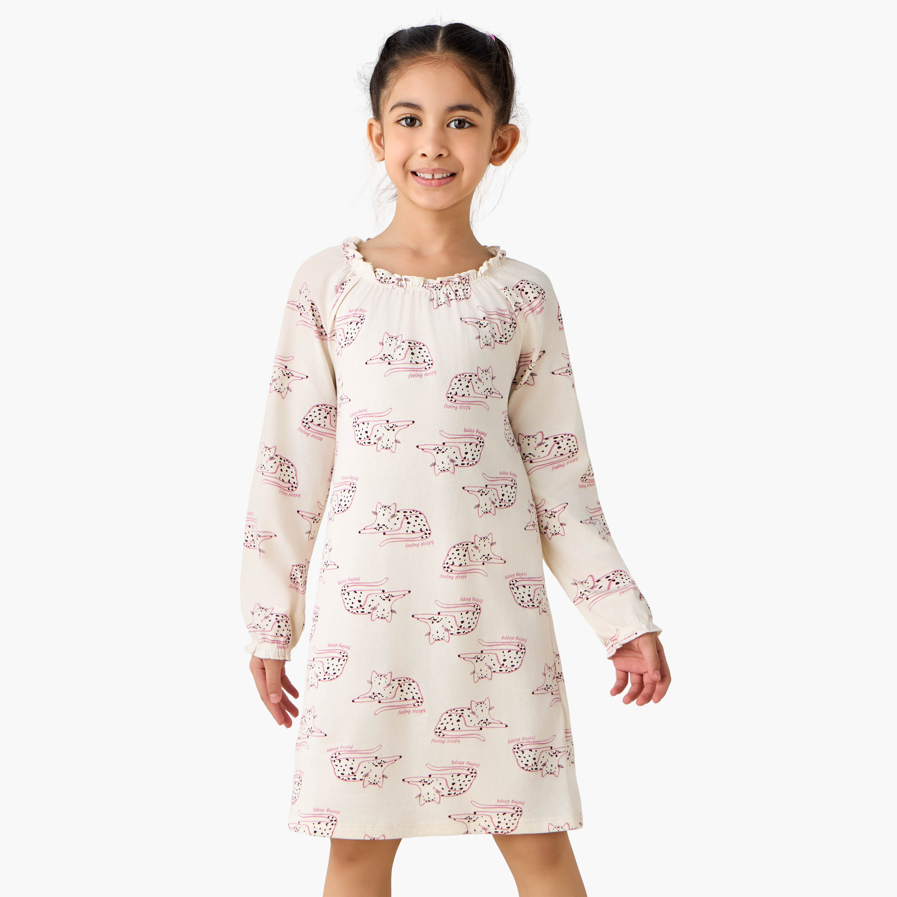 Pack of 2 Juniors Cotton Pie Crust Neck Long Sleeves Night Dress with Print-girls-clothing-nightwear-image-2