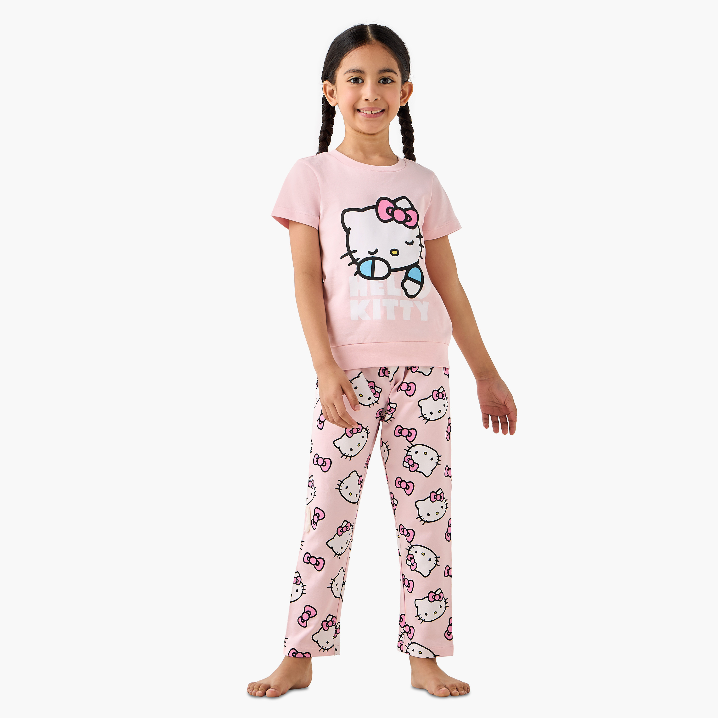Sanrio Cotton Round Neck Short Sleeves Pyjama Set with Hello Kitty Print-girls-clothing-nightwear-image-1