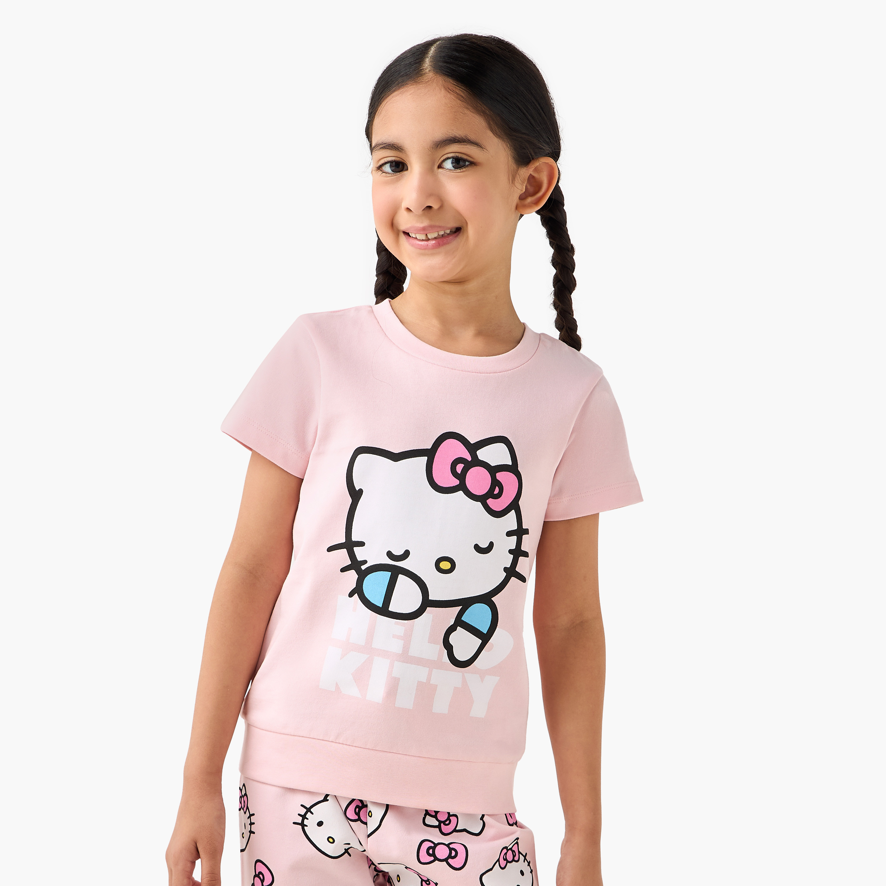 Sanrio Cotton Round Neck Short Sleeves Pyjama Set with Hello Kitty Print-girls-clothing-nightwear-image-2