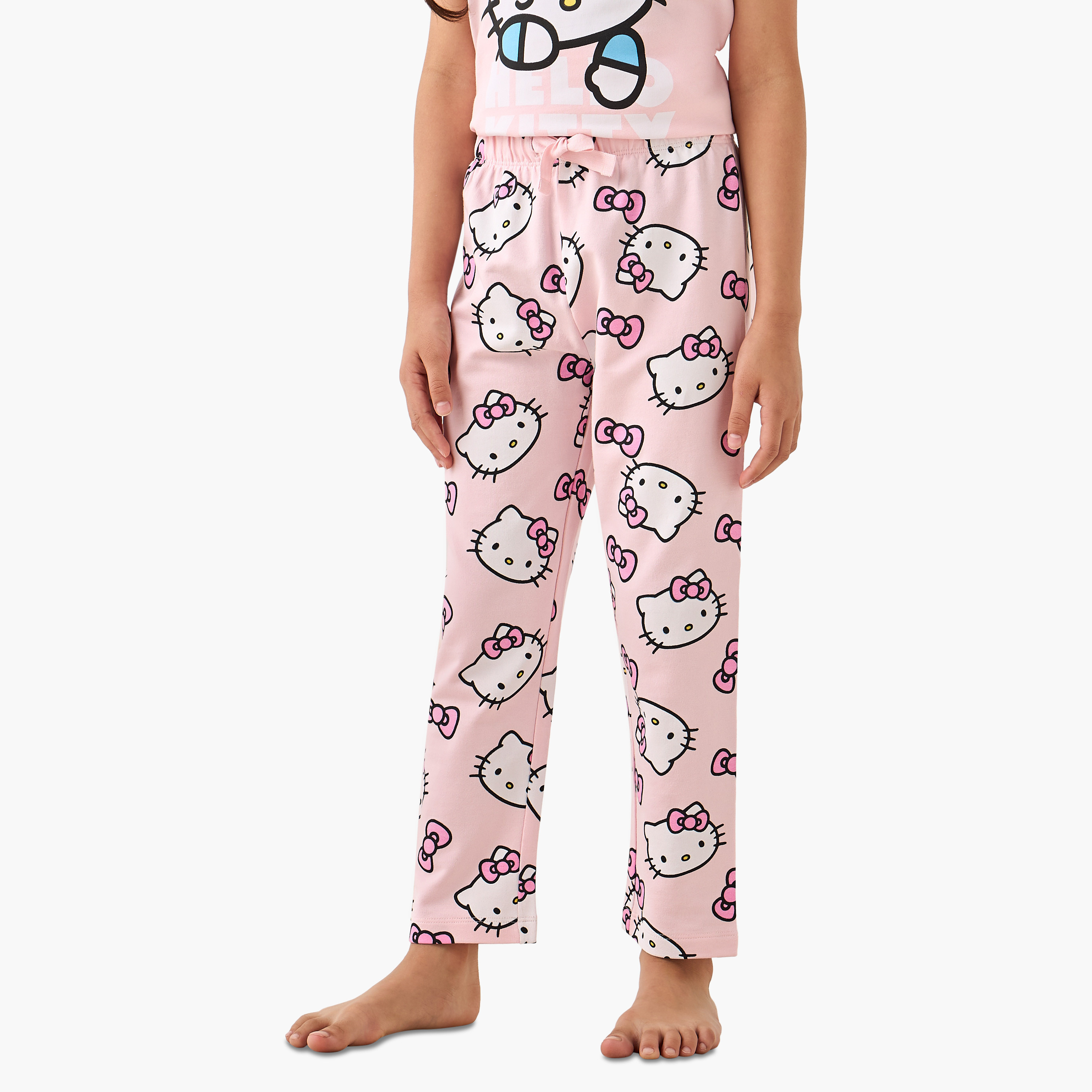 Sanrio Cotton Round Neck Short Sleeves Pyjama Set with Hello Kitty Print-girls-clothing-nightwear-image-3