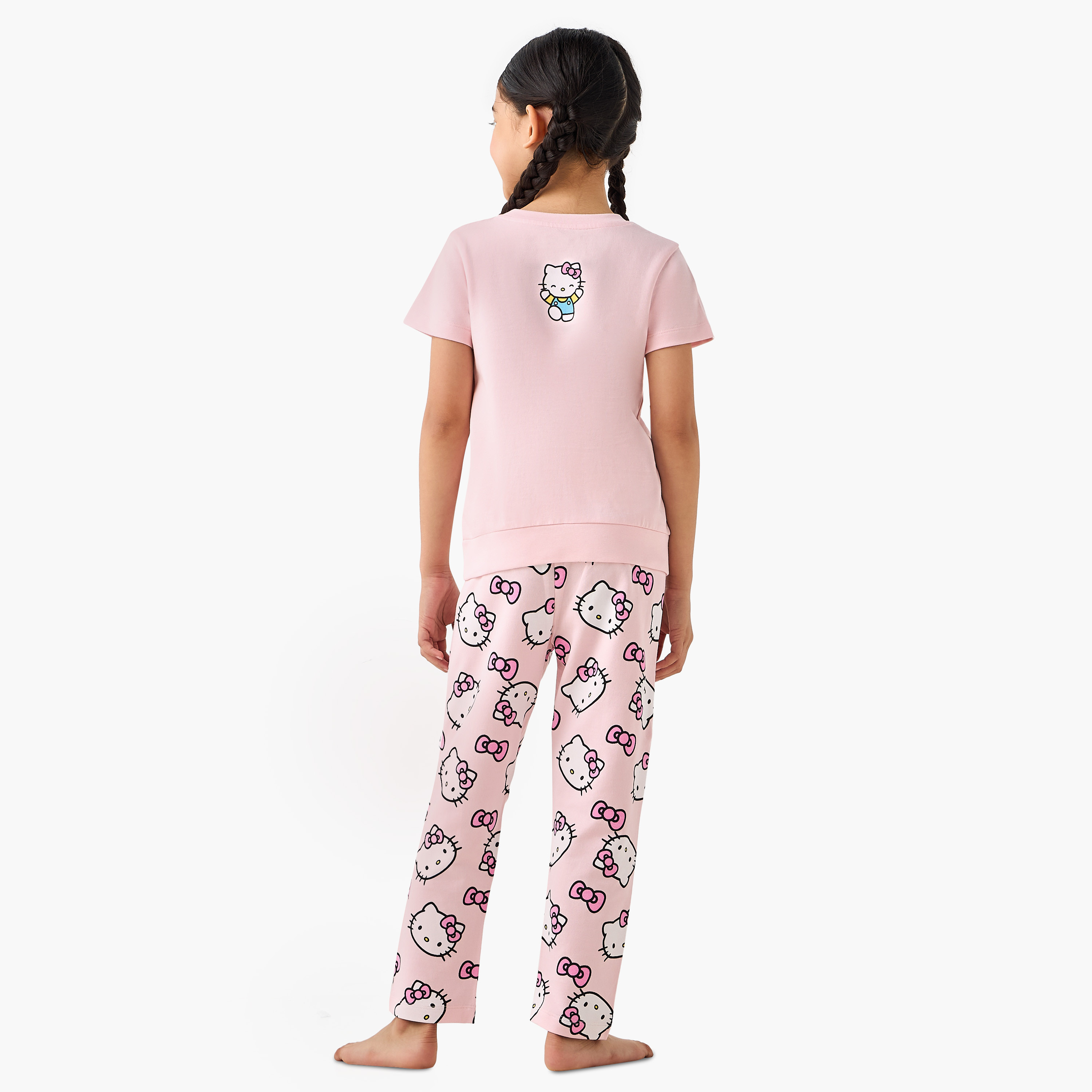 Sanrio Cotton Round Neck Short Sleeves Pyjama Set with Hello Kitty Print-girls-clothing-nightwear-image-4