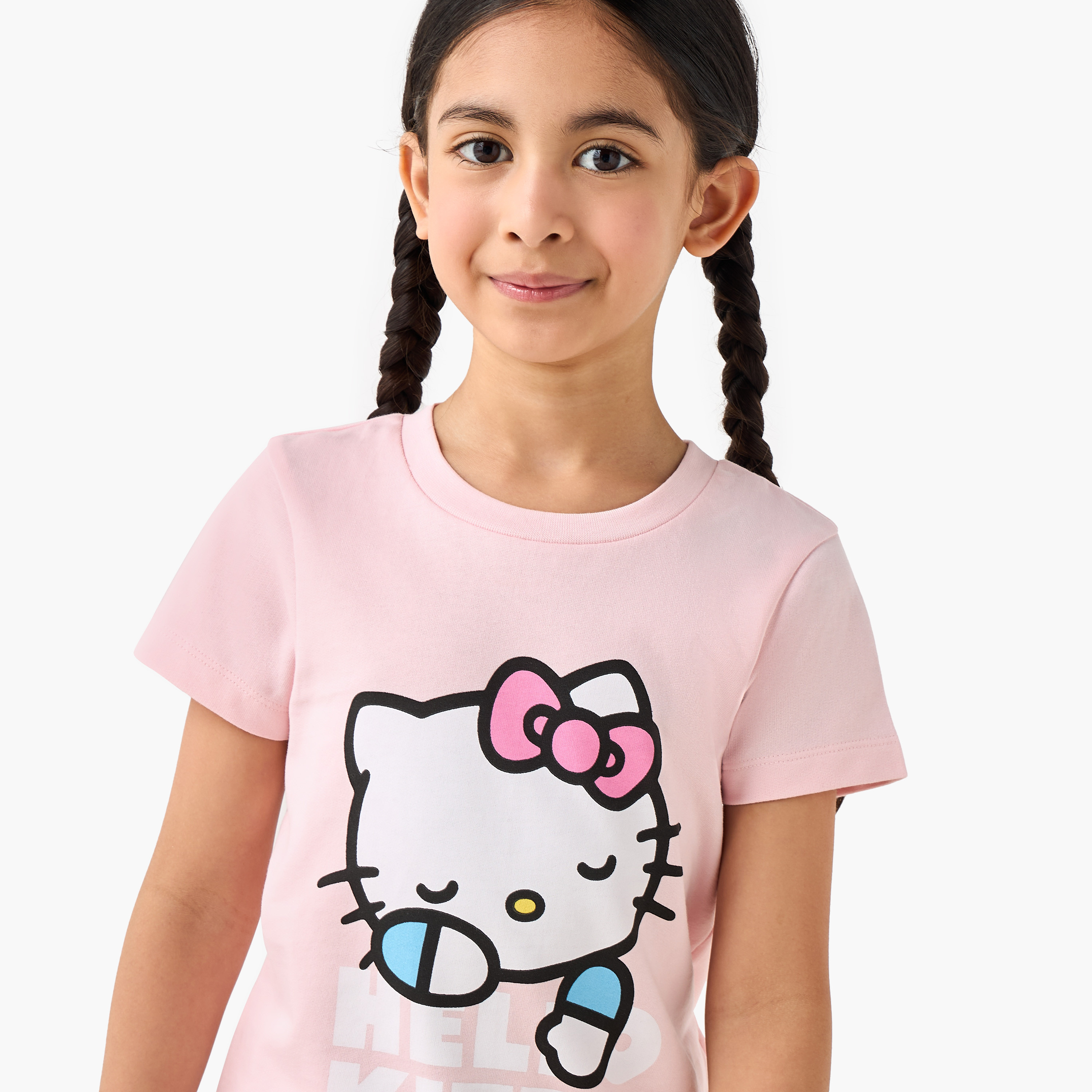 Sanrio Cotton Round Neck Short Sleeves Pyjama Set with Hello Kitty Print-girls-clothing-nightwear-image-5