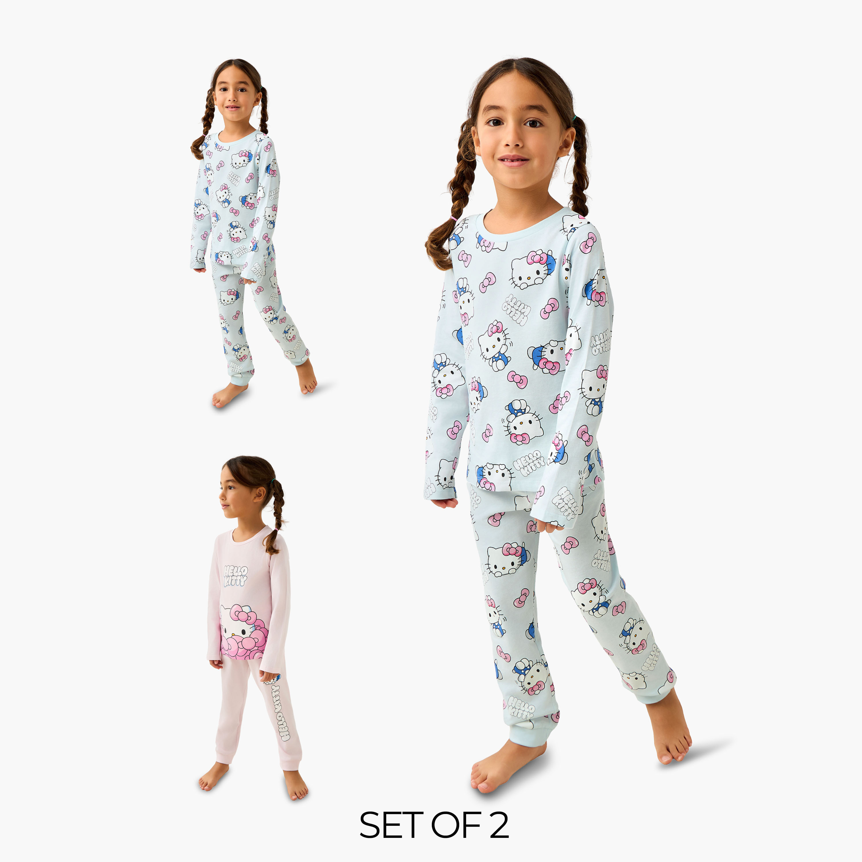 Sanrio Cotton Crew Neck Long Sleeves Pyjama Set with Hello Kitty Print - Pack of 2-girls-clothing-nightwear-image-1