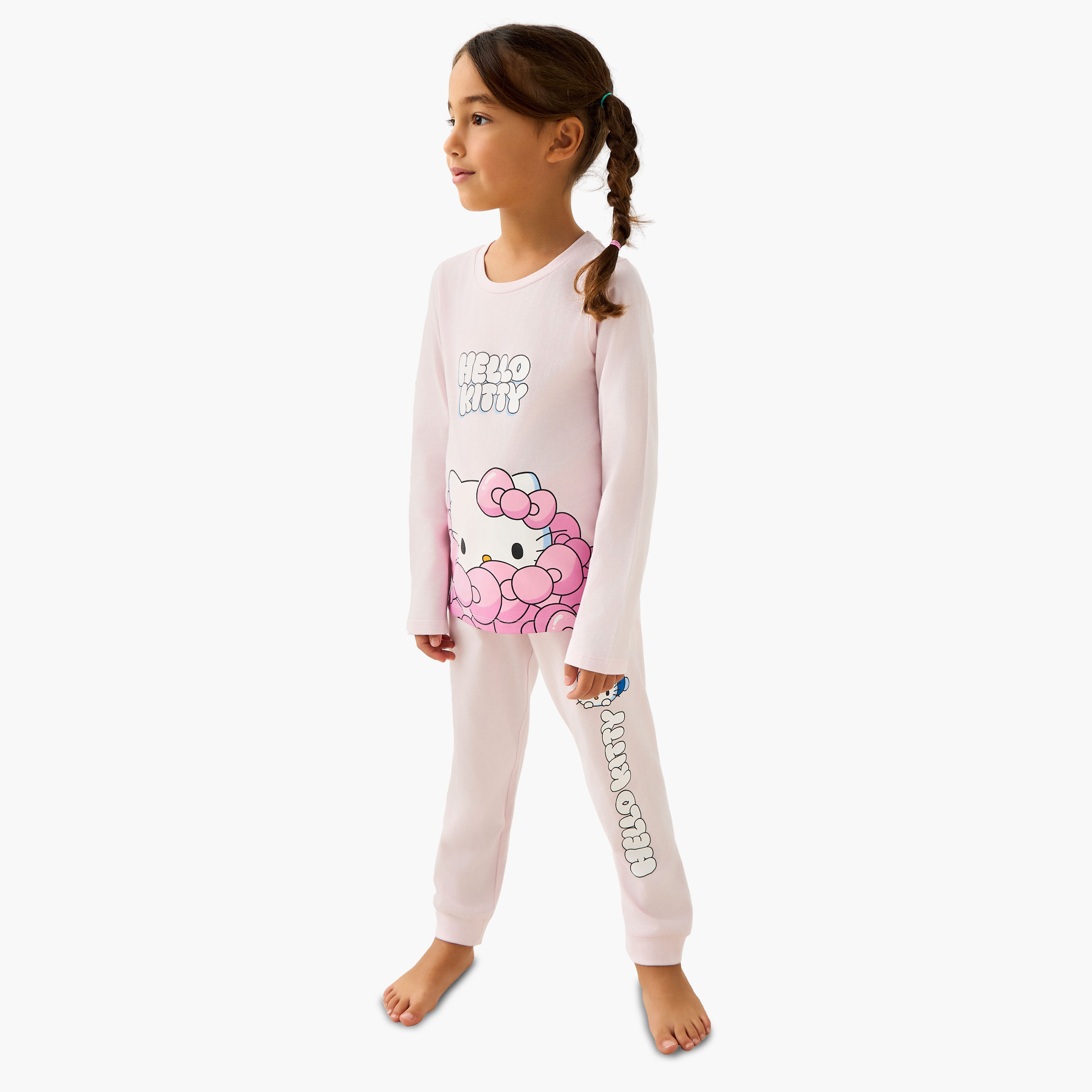 Sanrio Cotton Crew Neck Long Sleeves Pyjama Set with Hello Kitty Print - Pack of 2-girls-clothing-nightwear-image-2