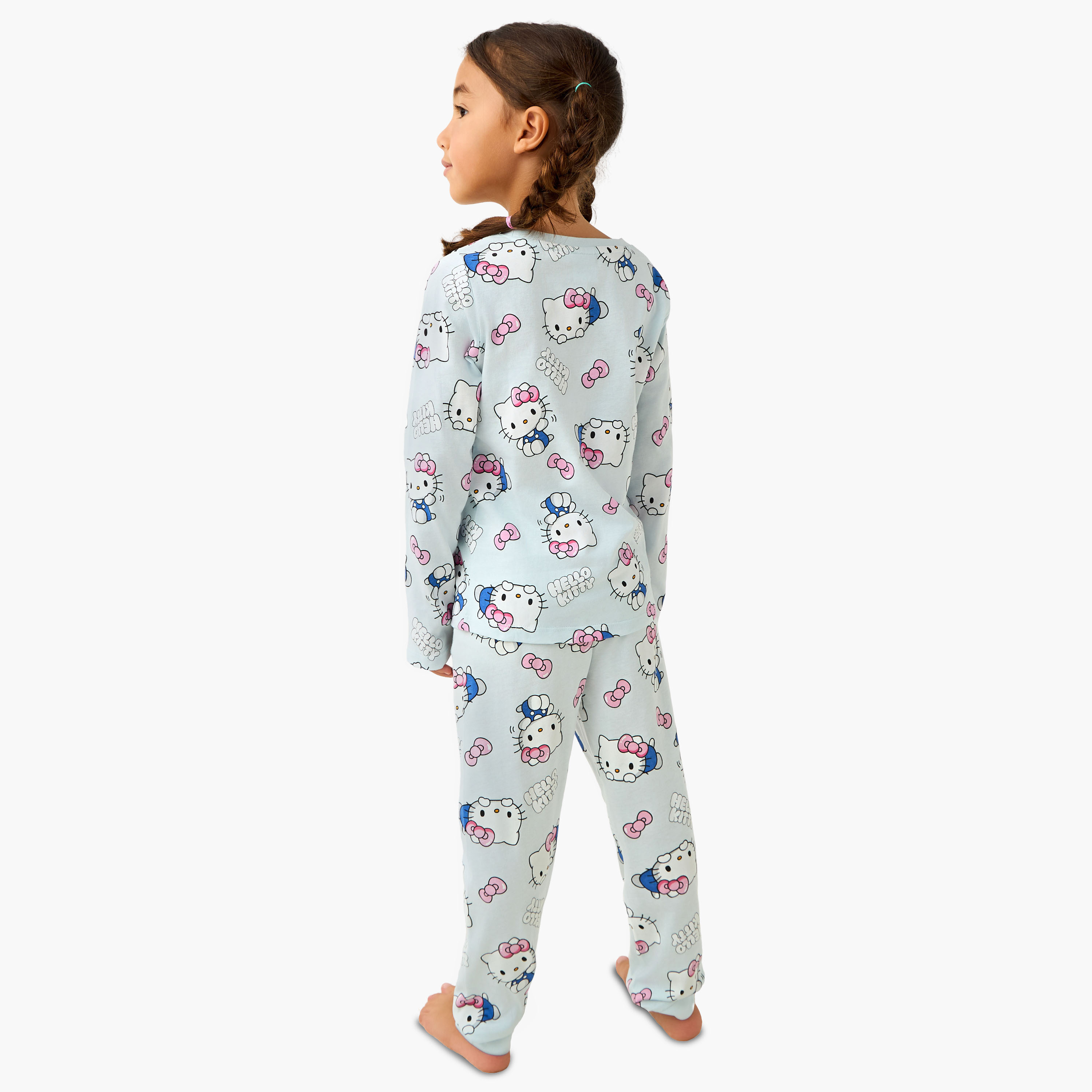 Sanrio Cotton Crew Neck Long Sleeves Pyjama Set with Hello Kitty Print - Pack of 2-girls-clothing-nightwear-image-3