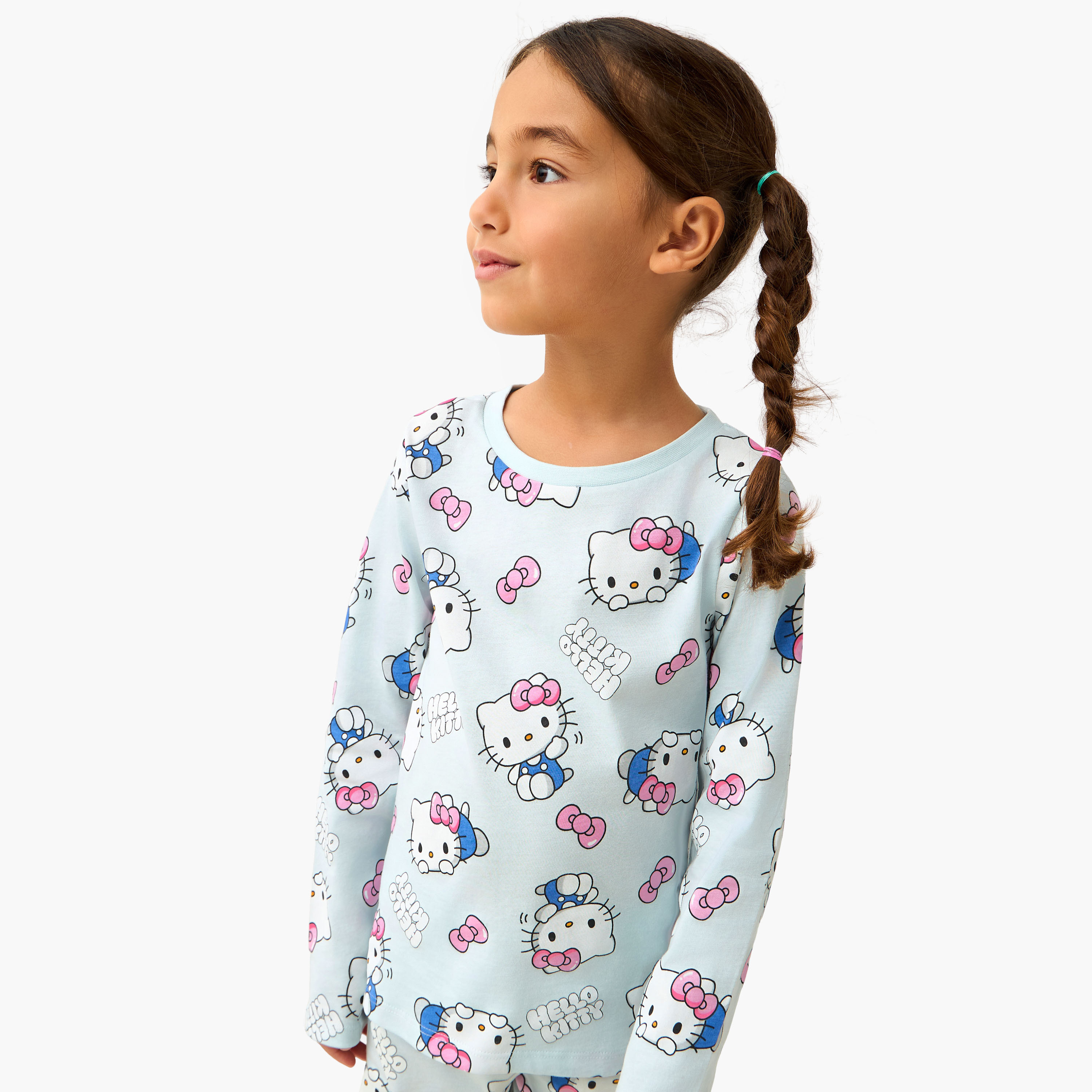 Sanrio Cotton Crew Neck Long Sleeves Pyjama Set with Hello Kitty Print - Pack of 2-girls-clothing-nightwear-image-4