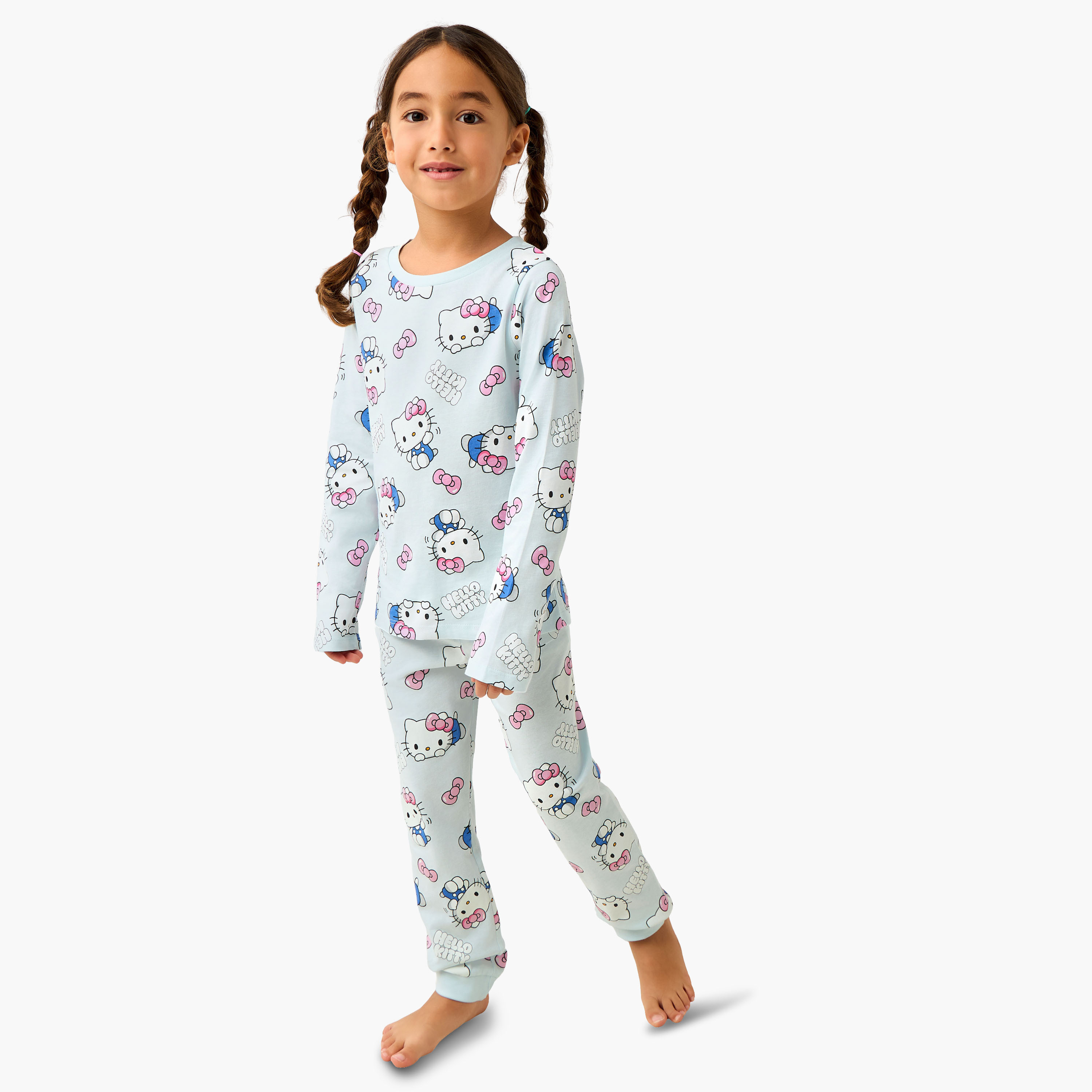 Sanrio Cotton Crew Neck Long Sleeves Pyjama Set with Hello Kitty Print - Pack of 2-girls-clothing-nightwear-image-8