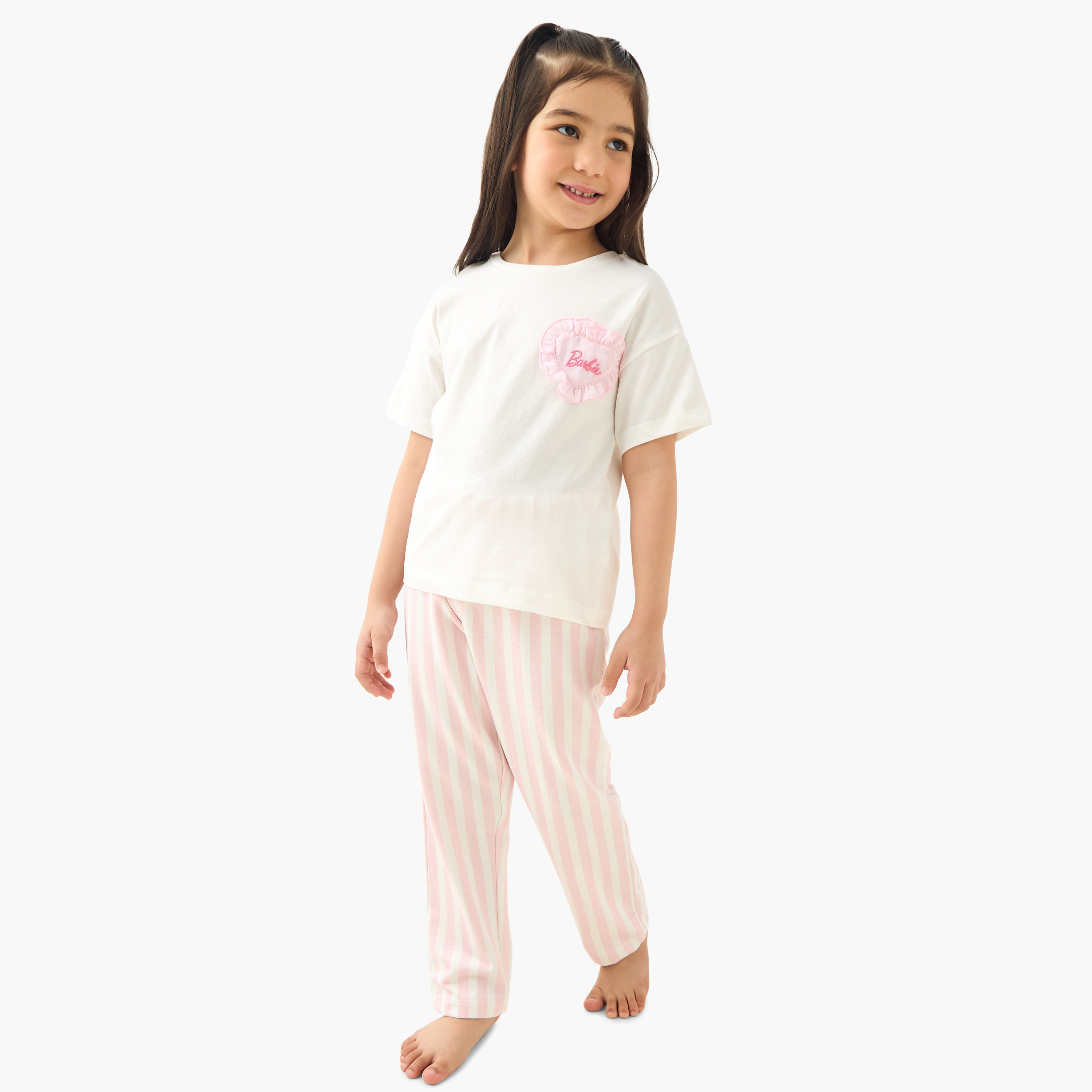 Barbie Embroidered T-shirt and Pyjama Set-baby-girls-clothing-nightwear-pyjamasets-image-1