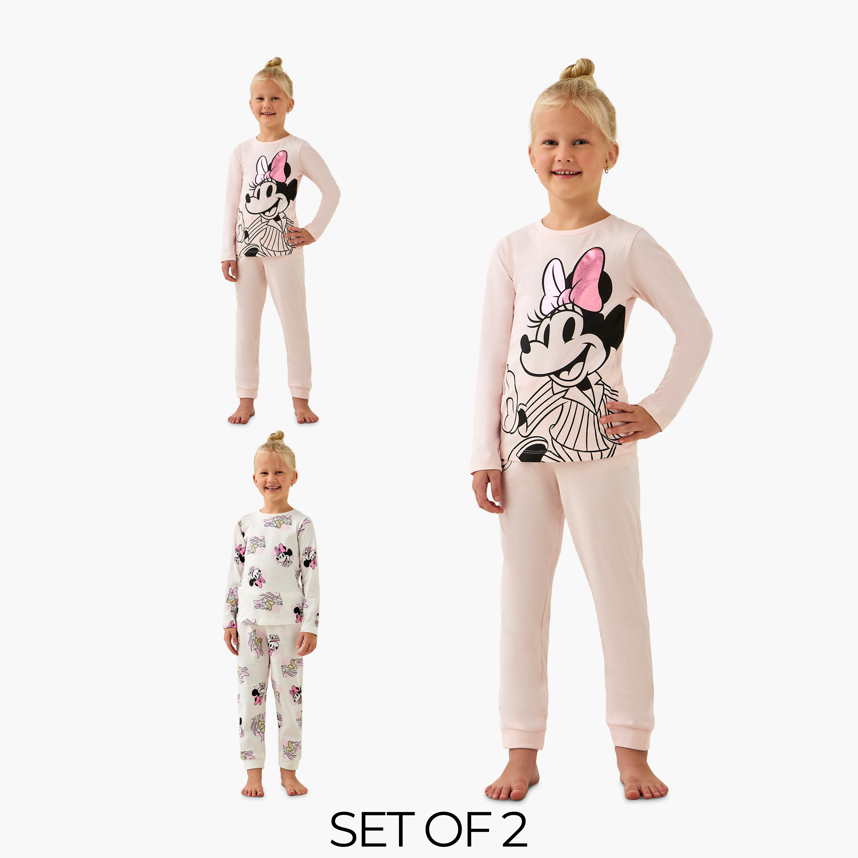 Pack of 2 Disney Cotton Crew Neck Long Sleeves Pyjama Set with Minnie Mouse Print-girls-clothing-nightwear-image-1