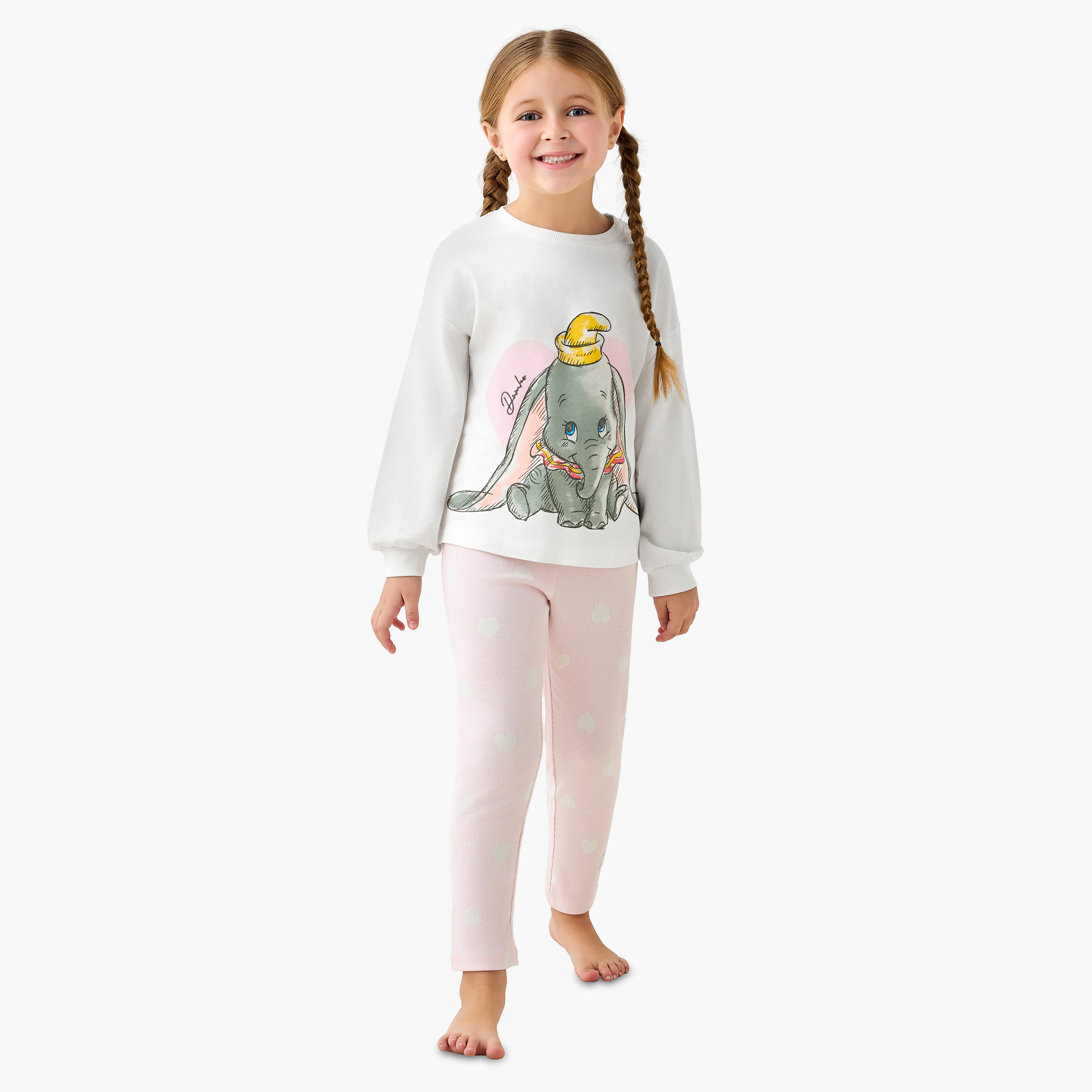 Disney Cotton Crew Neck Long Sleeves Pyjama Set with Dumbo Print-girls-clothing-nightwear-image-1