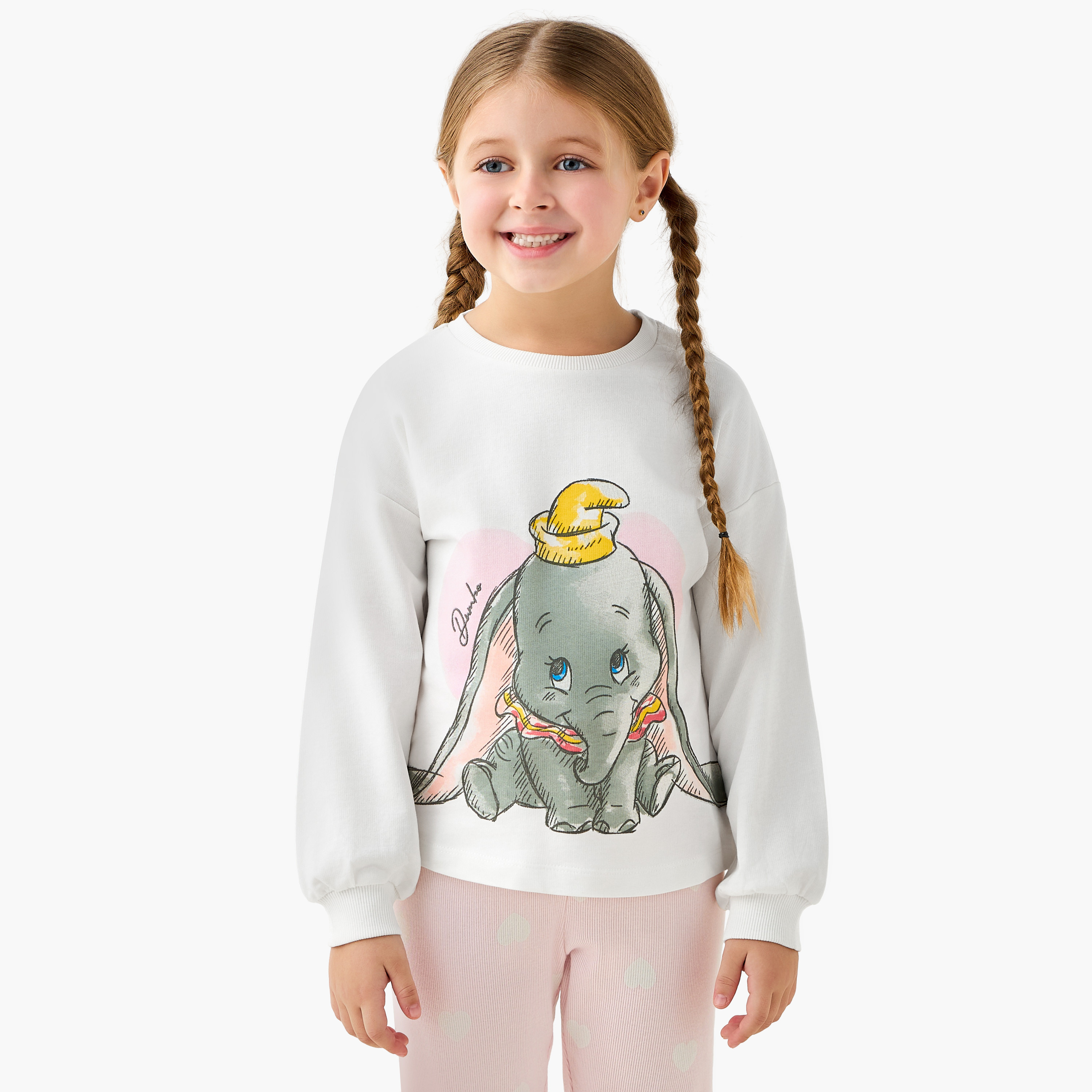 Disney Cotton Crew Neck Long Sleeves Pyjama Set with Dumbo Print-girls-clothing-nightwear-image-2
