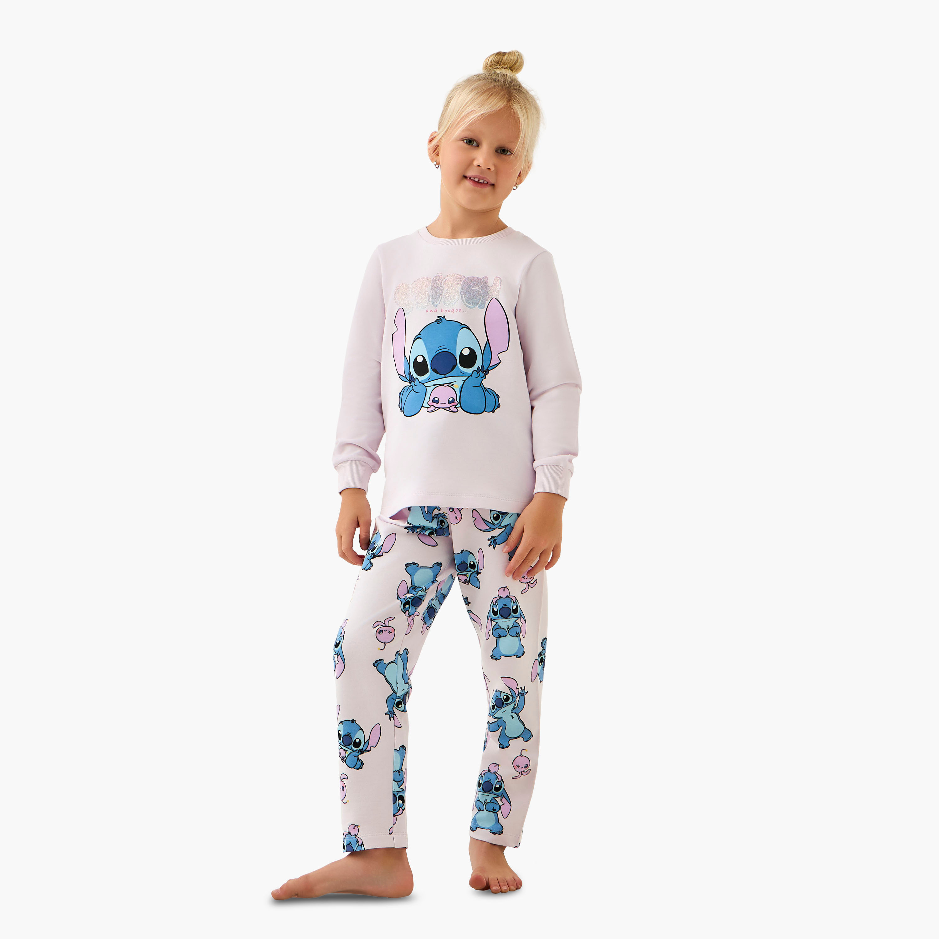 Disney Cotton Crew Neck Long Sleeves Pyjama Set with Stitch Print-baby-girls-clothing-winterwear-pyjamasets-image-1