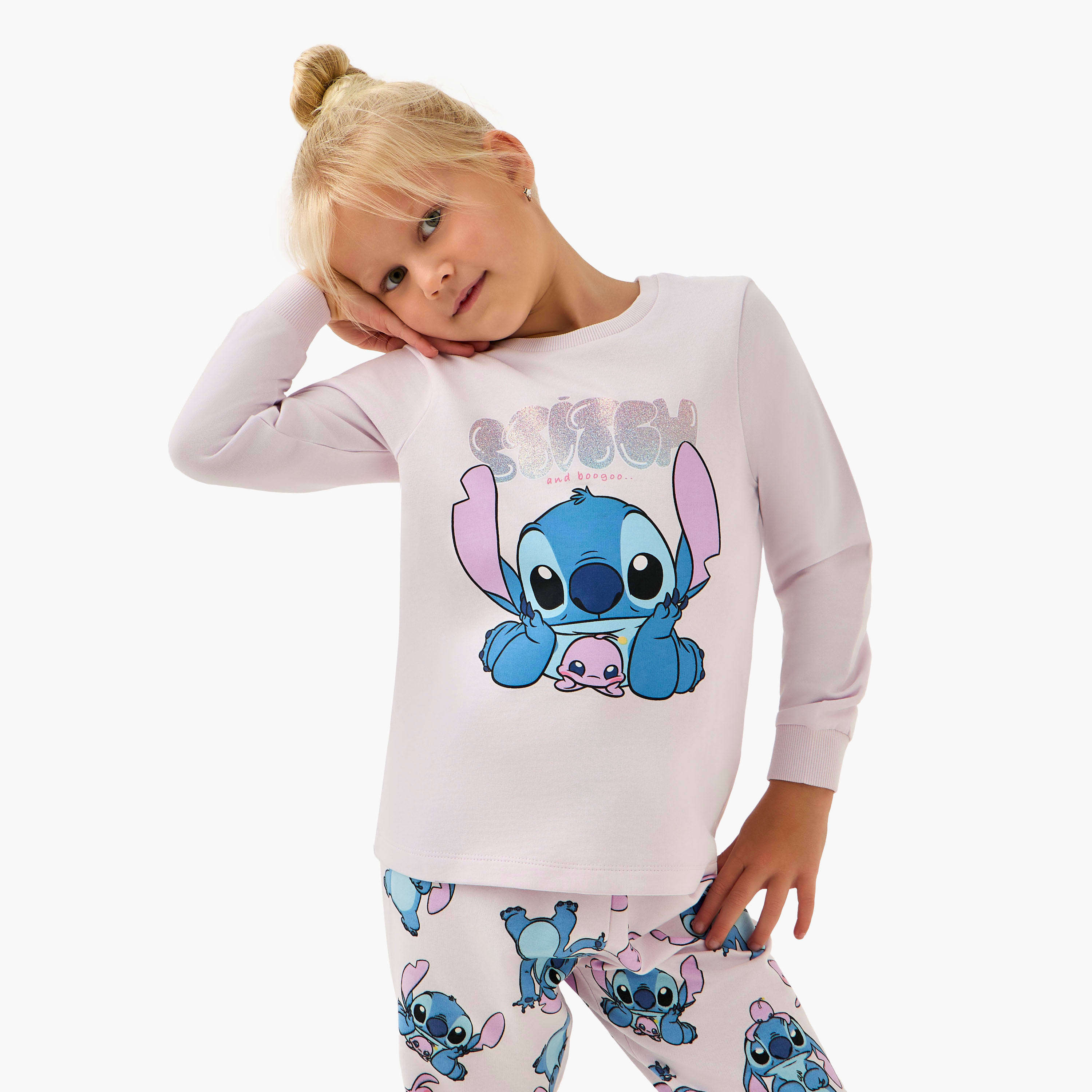 Disney Cotton Crew Neck Long Sleeves Pyjama Set with Stitch Print-baby-girls-clothing-winterwear-pyjamasets-image-2