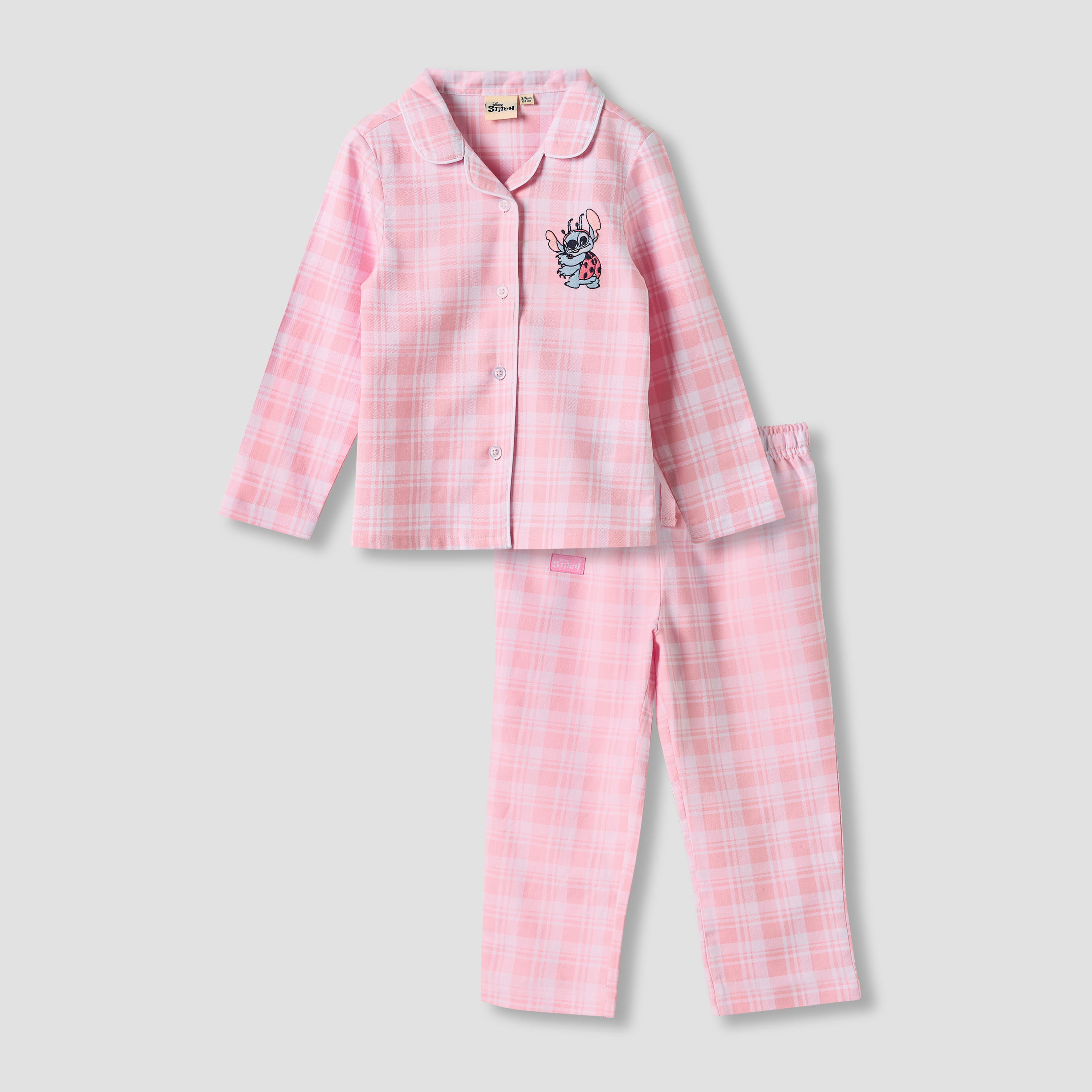 Disney Girls Pyjama Set with Stitch Embroidery - Cotton - Long Sleeves - Notch Collar-baby-girls-clothing-winterwear-pyjamasets-image-1