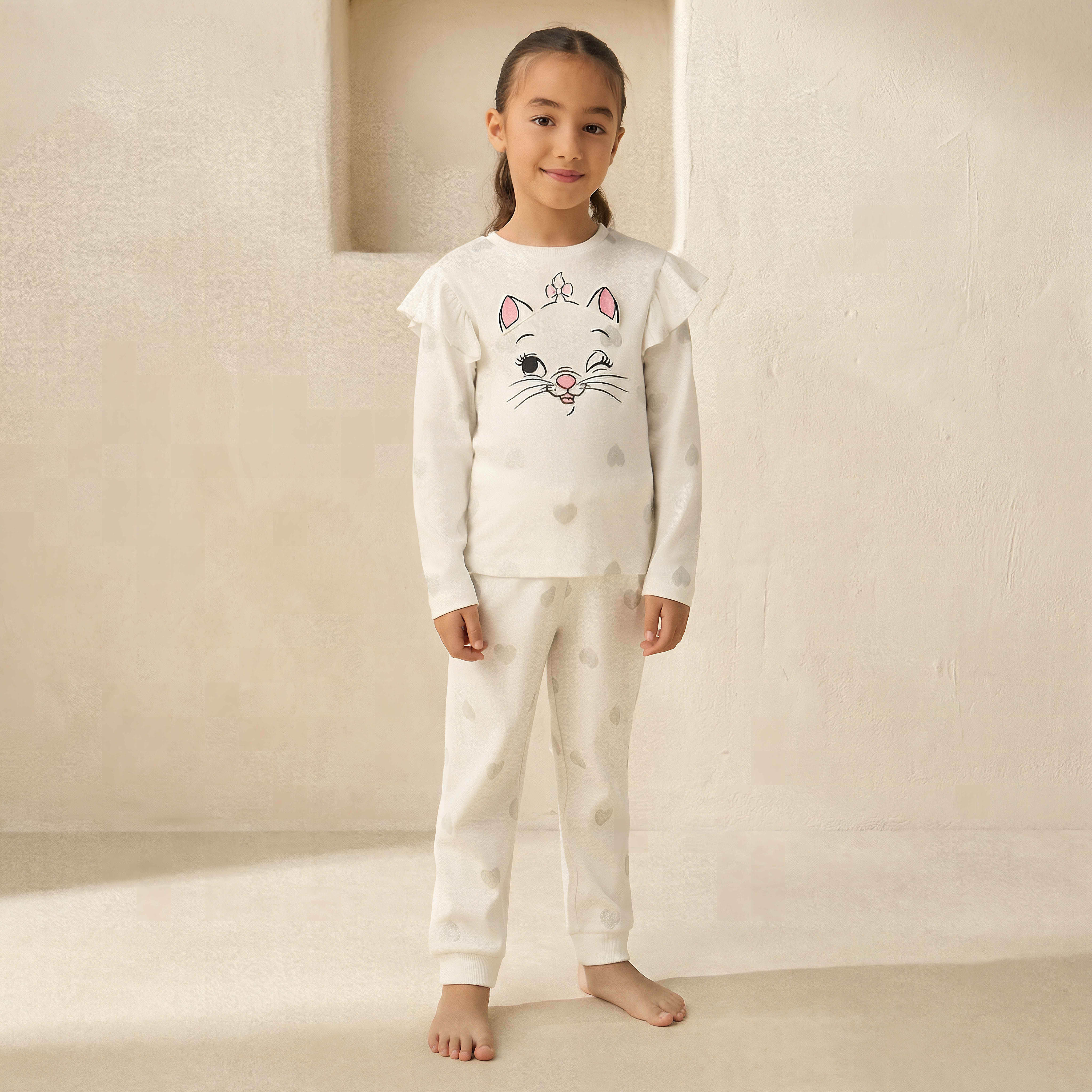 Disney Cotton Crew Neck Long Sleeves Pyjama Set with Marie Print-girls-clothing-nightwear-image-1