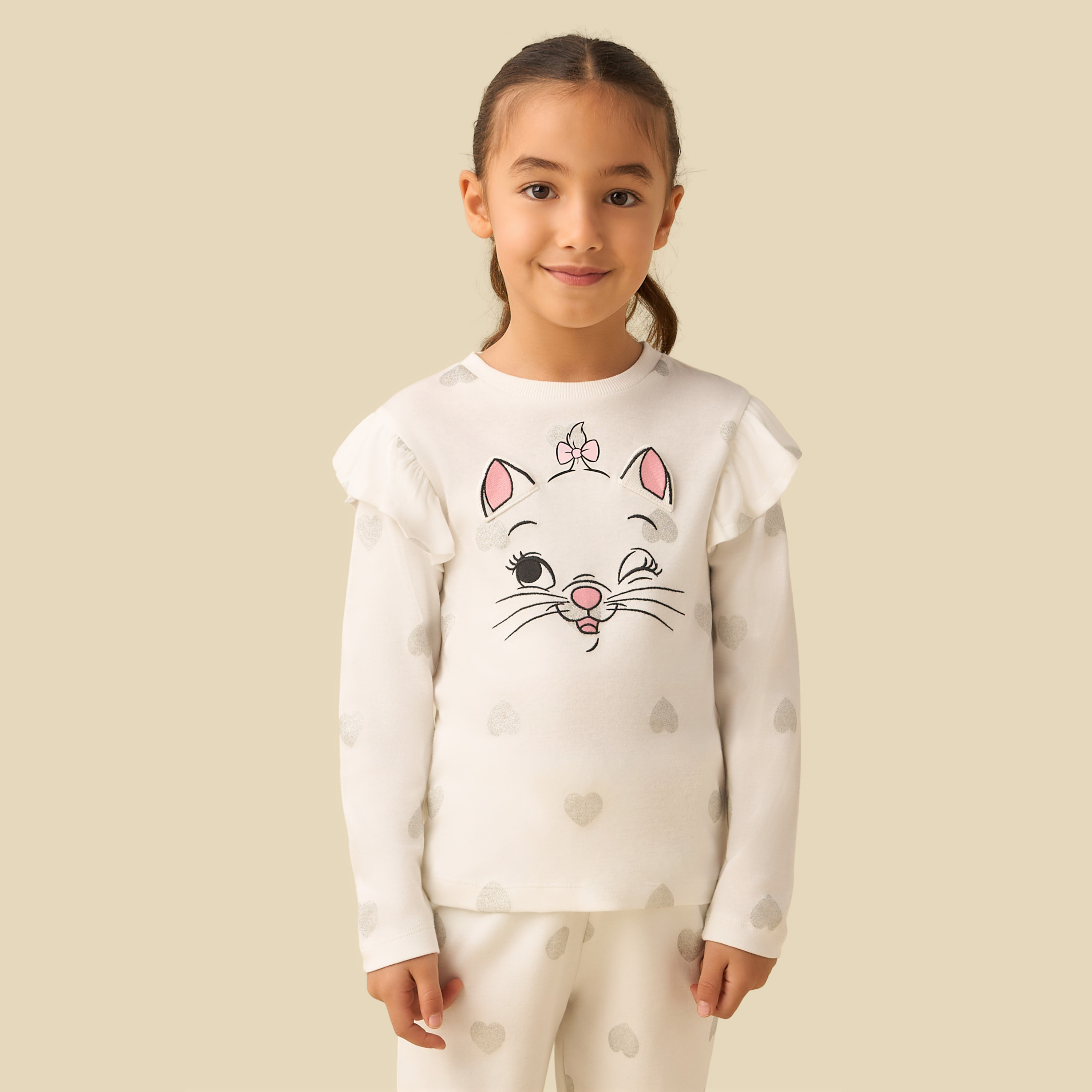 Disney Cotton Crew Neck Long Sleeves Pyjama Set with Marie Print-girls-clothing-nightwear-image-2