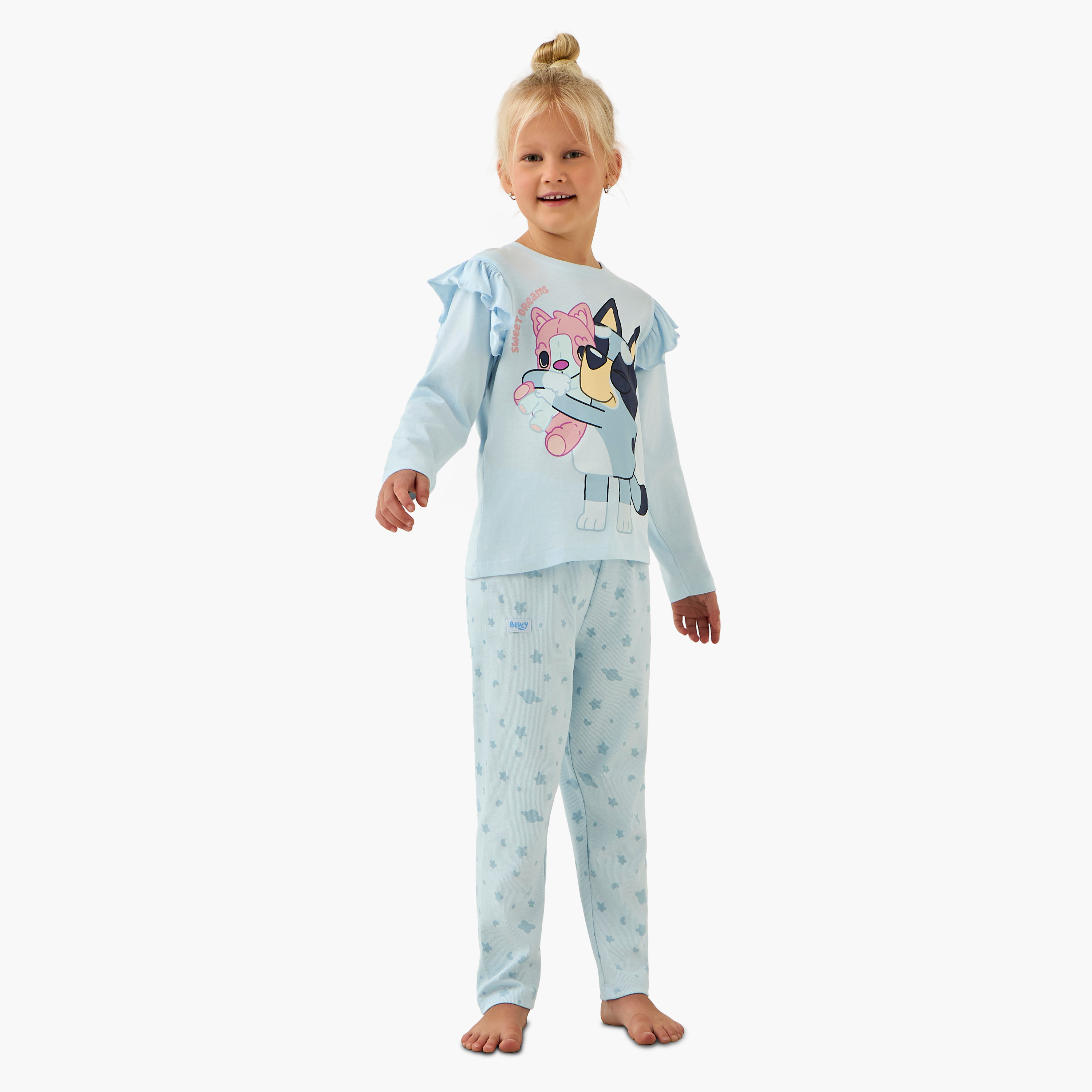 Bluey Cotton Crew Neck Long Sleeve Pyjama Set with Drawstring Closure-baby-girls-clothing-nightwear-pyjamasets-image-1
