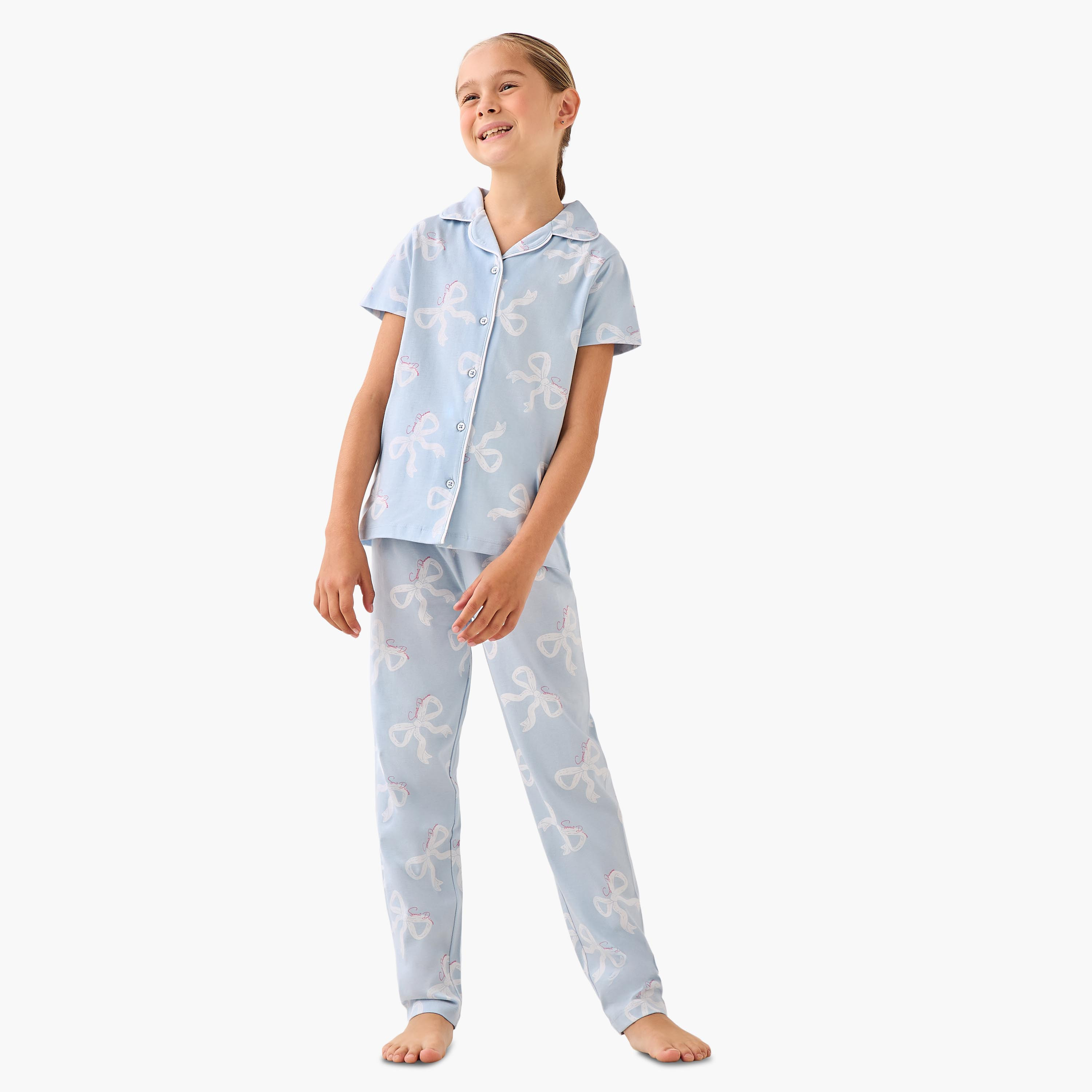 Juniors Cotton Collared Short Sleeves Pyjama Set with Bow Print-girls-clothing-nightwear-image-1