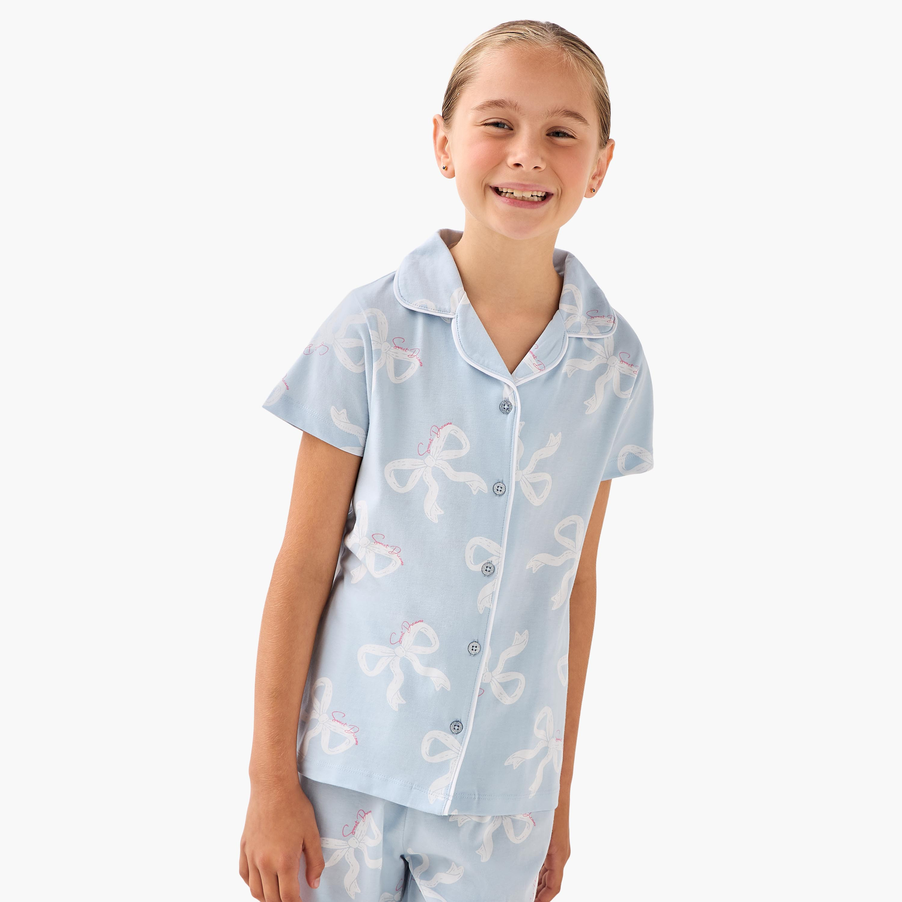 Juniors Cotton Collared Short Sleeves Pyjama Set with Bow Print-girls-clothing-nightwear-image-2