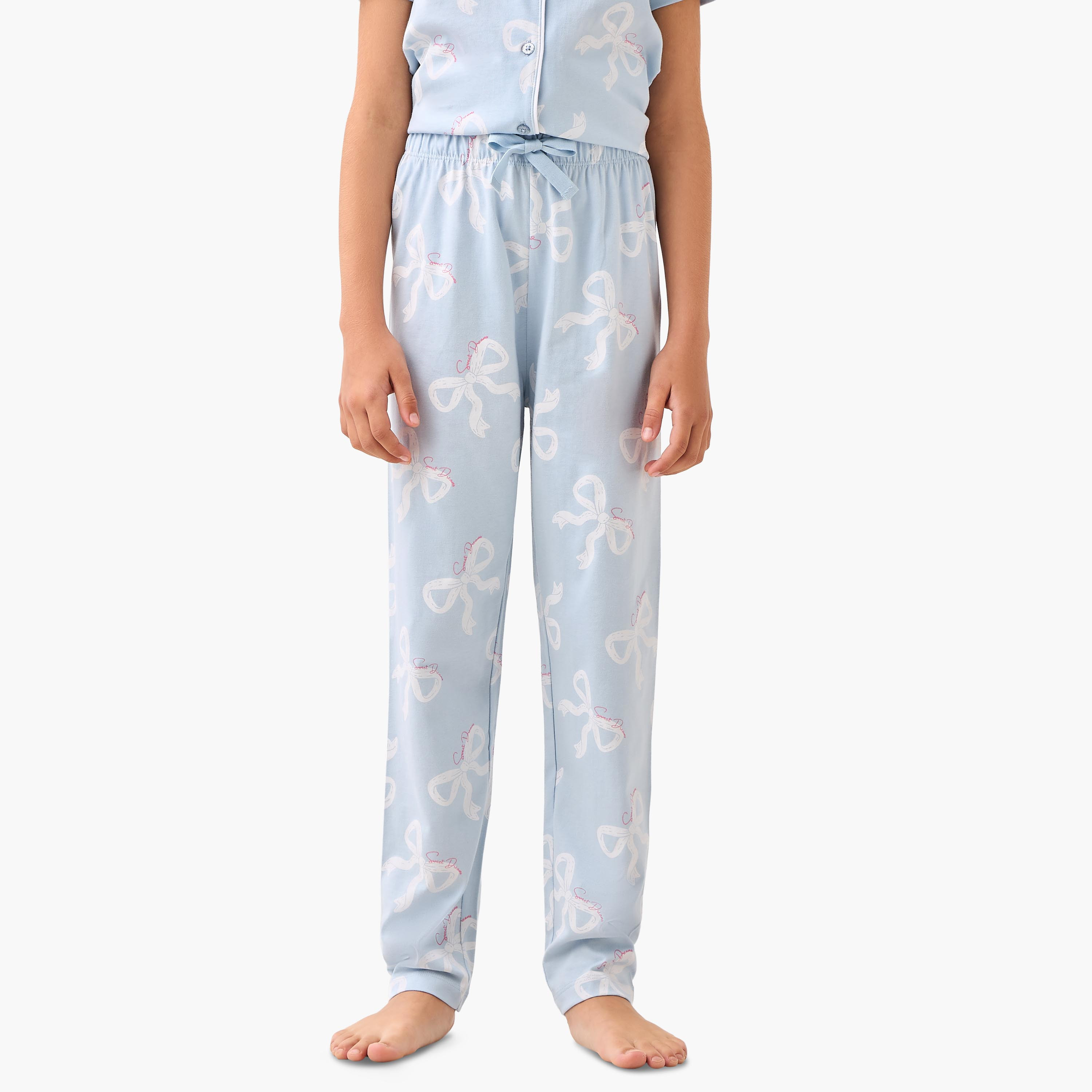 Juniors Cotton Collared Short Sleeves Pyjama Set with Bow Print-girls-clothing-nightwear-image-3