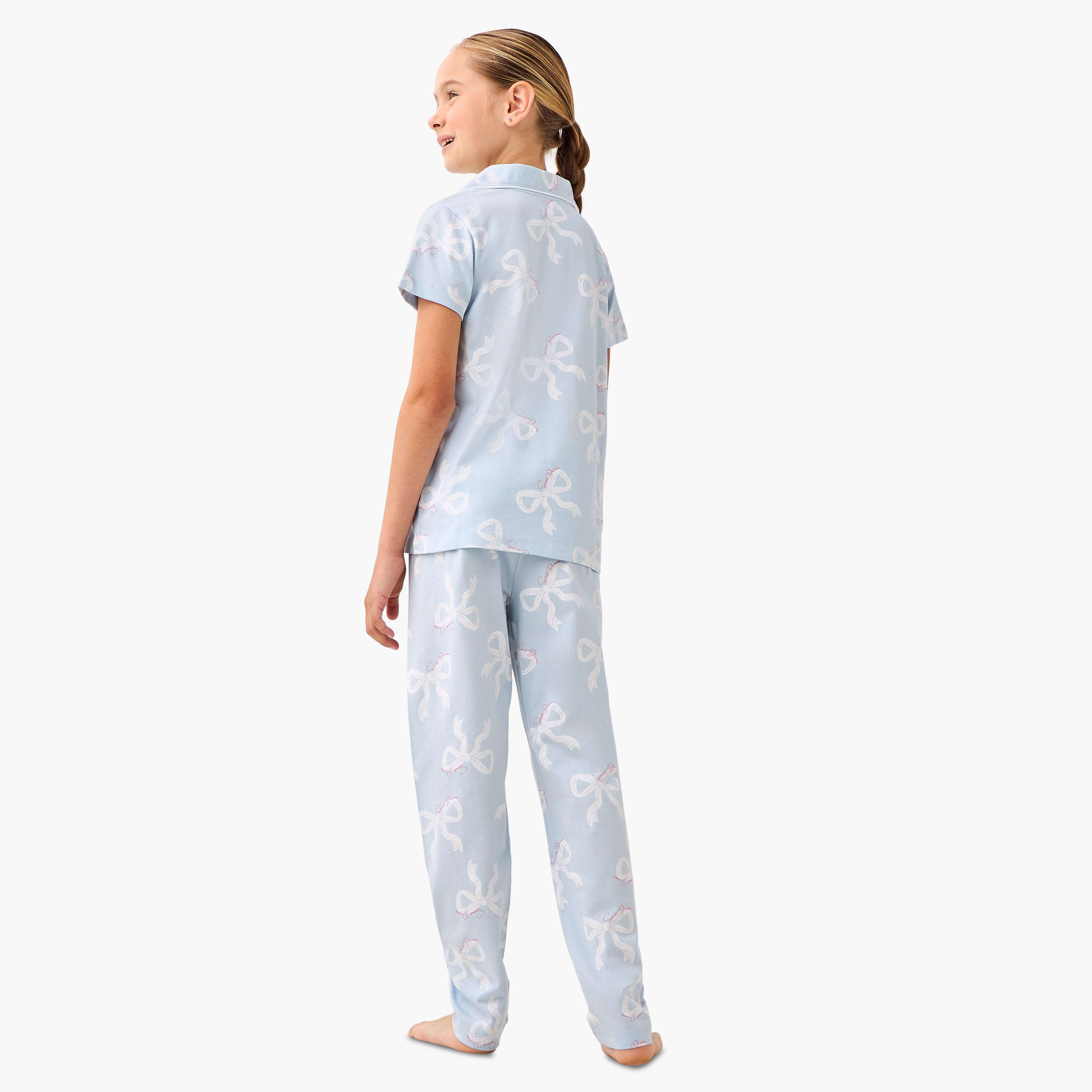 Juniors Cotton Collared Short Sleeves Pyjama Set with Bow Print-girls-clothing-nightwear-image-4