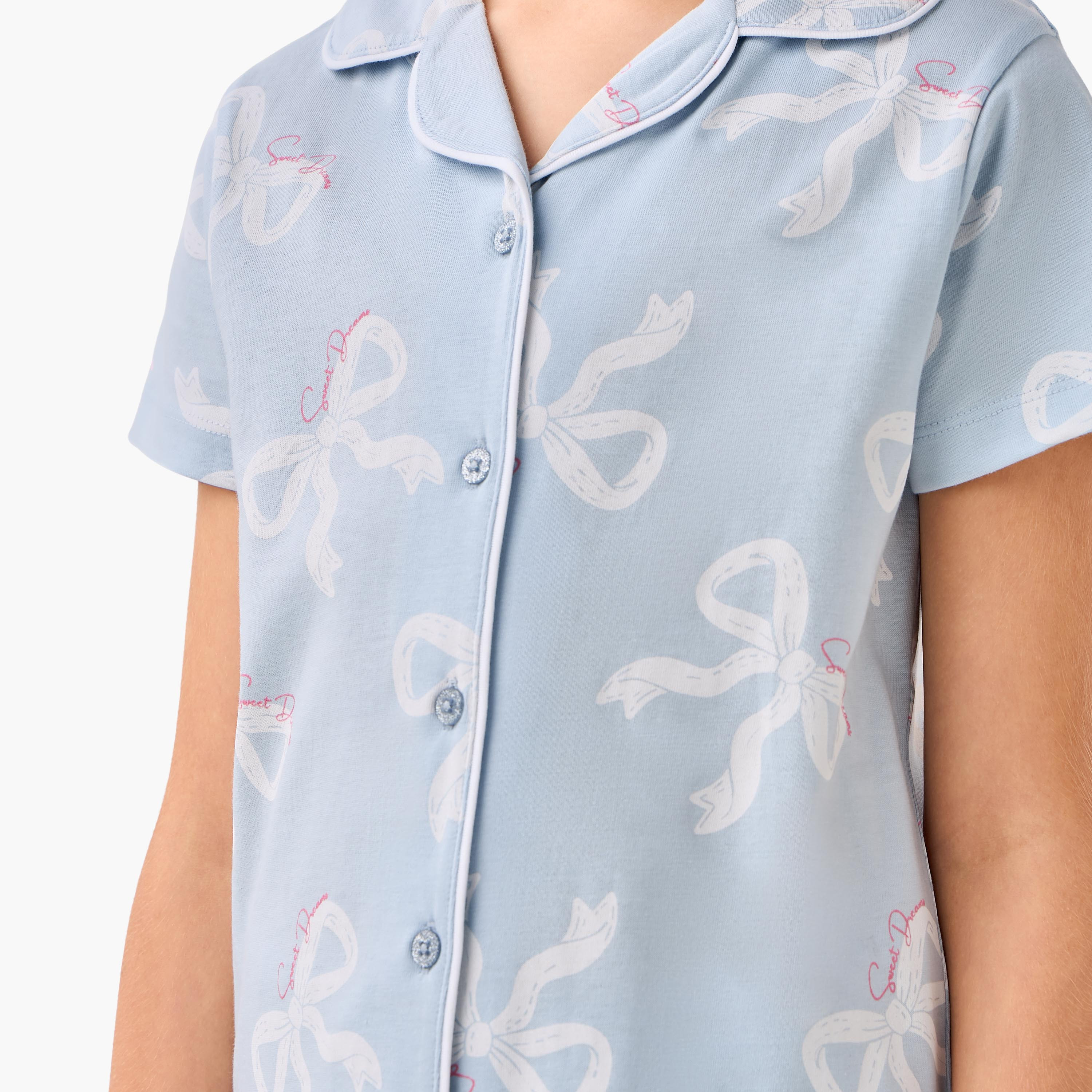 Juniors Cotton Collared Short Sleeves Pyjama Set with Bow Print-girls-clothing-nightwear-image-5