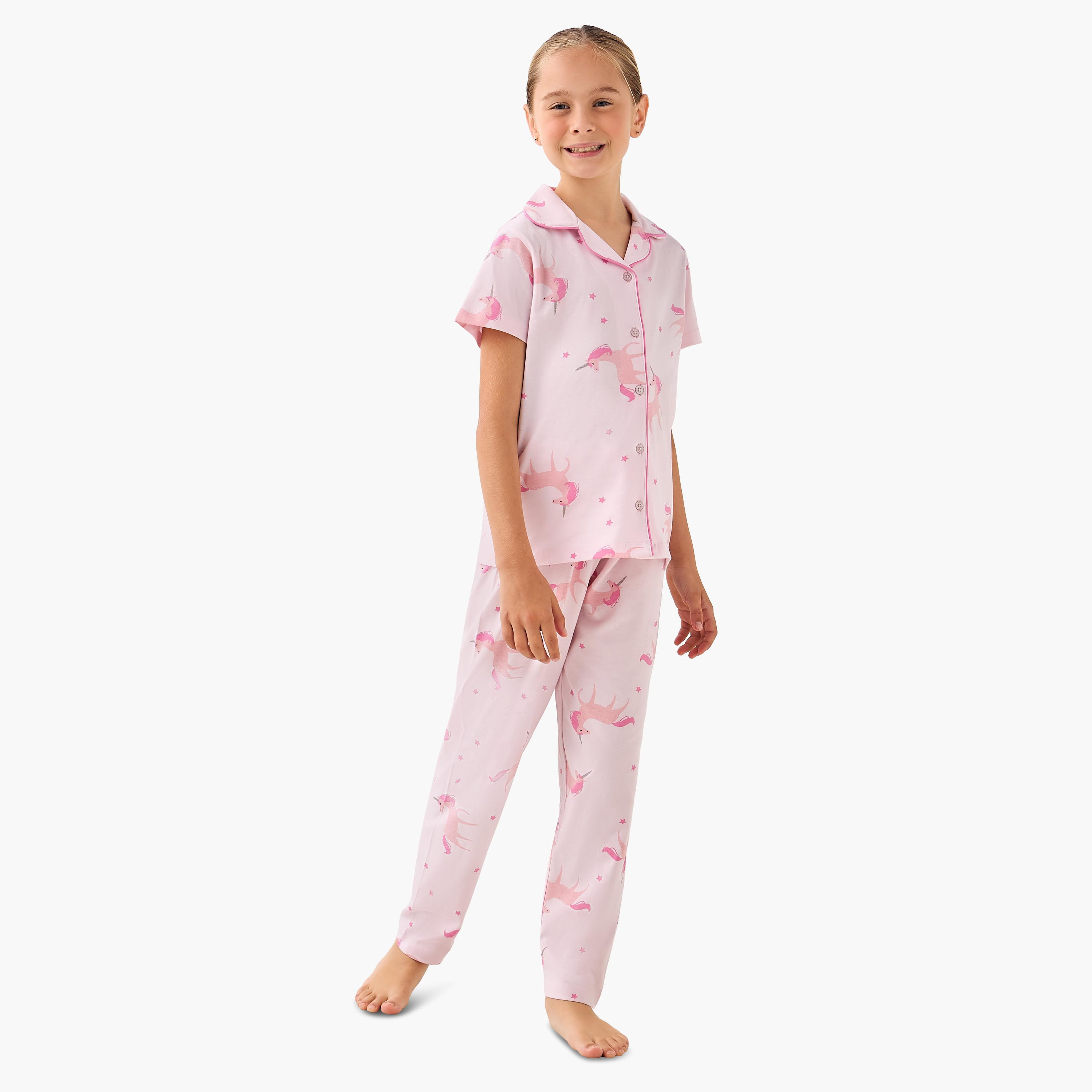طقم بيجاما قطن بياقة وأكمام قصيرة وطبعات يونيكورن من جونيورز-girls-clothing-nightwear-image-6