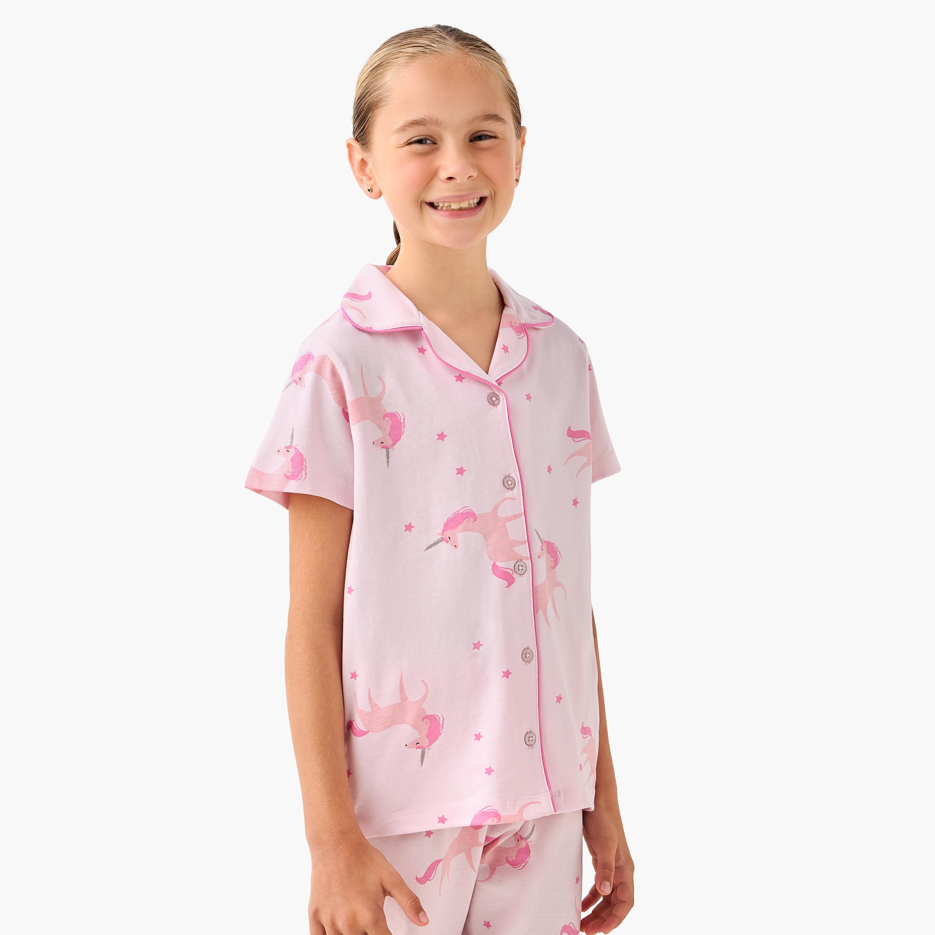 طقم بيجاما قطن بياقة وأكمام قصيرة وطبعات يونيكورن من جونيورز-girls-clothing-nightwear-image-5