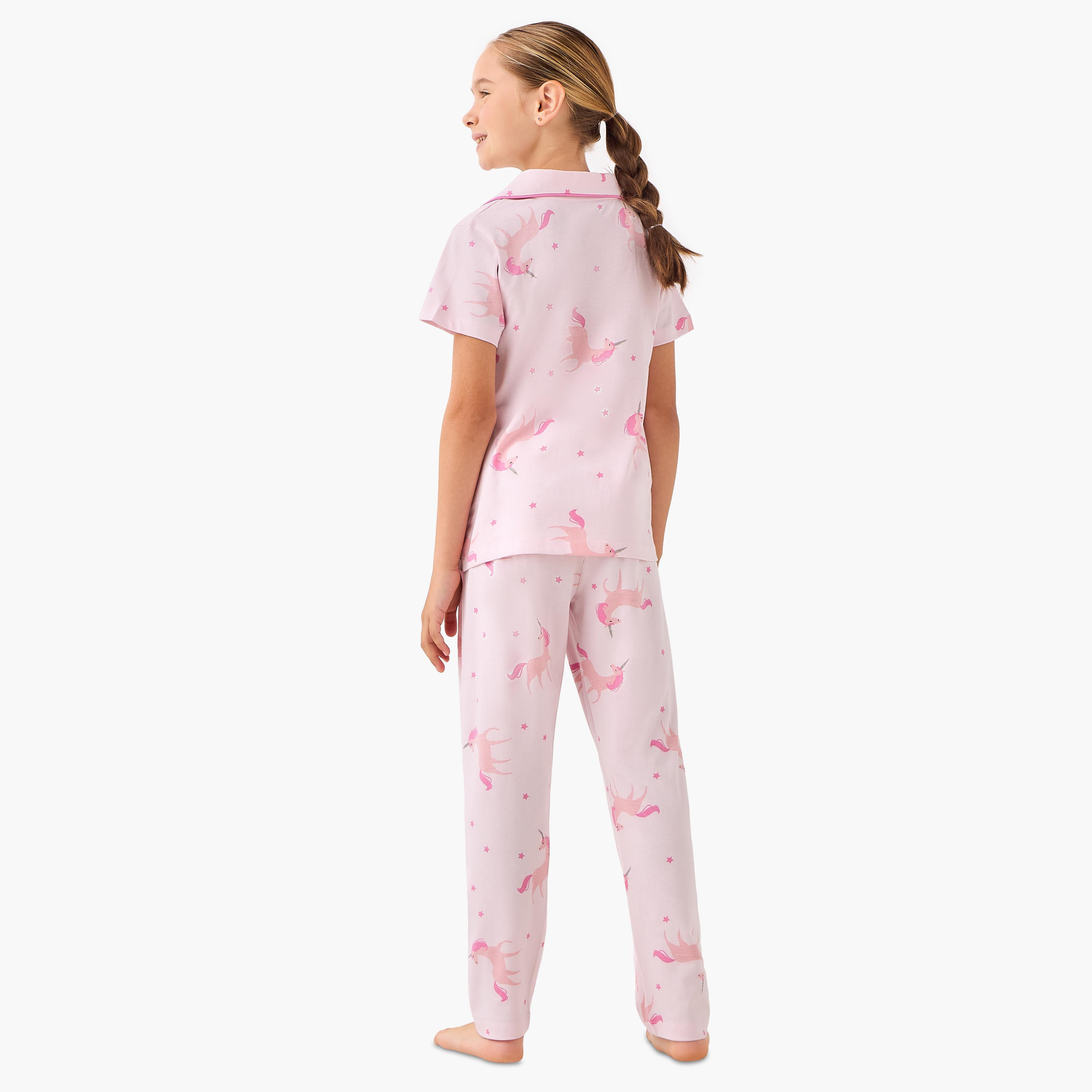 طقم بيجاما قطن بياقة وأكمام قصيرة وطبعات يونيكورن من جونيورز-girls-clothing-nightwear-image-3