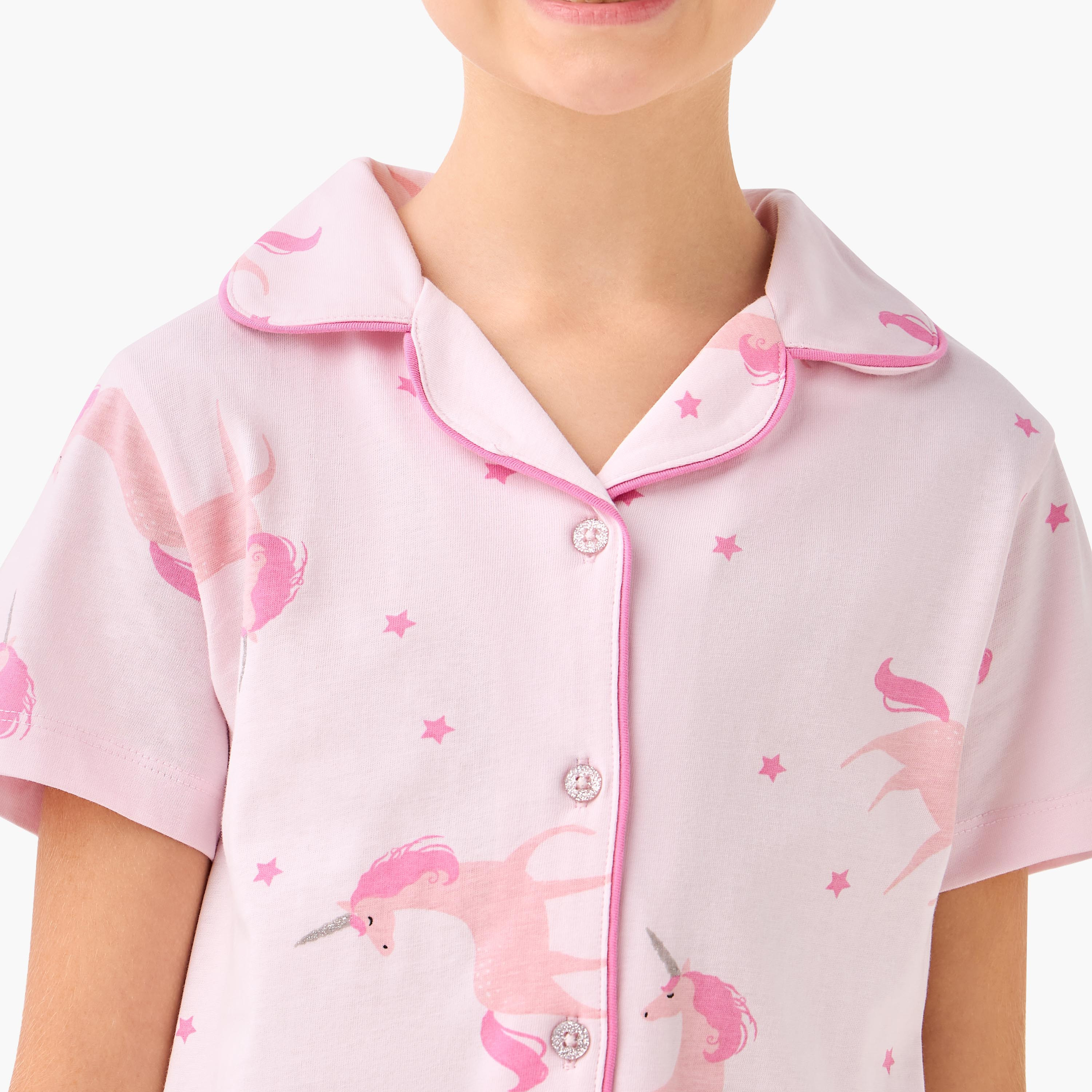 طقم بيجاما قطن بياقة وأكمام قصيرة وطبعات يونيكورن من جونيورز-girls-clothing-nightwear-image-2