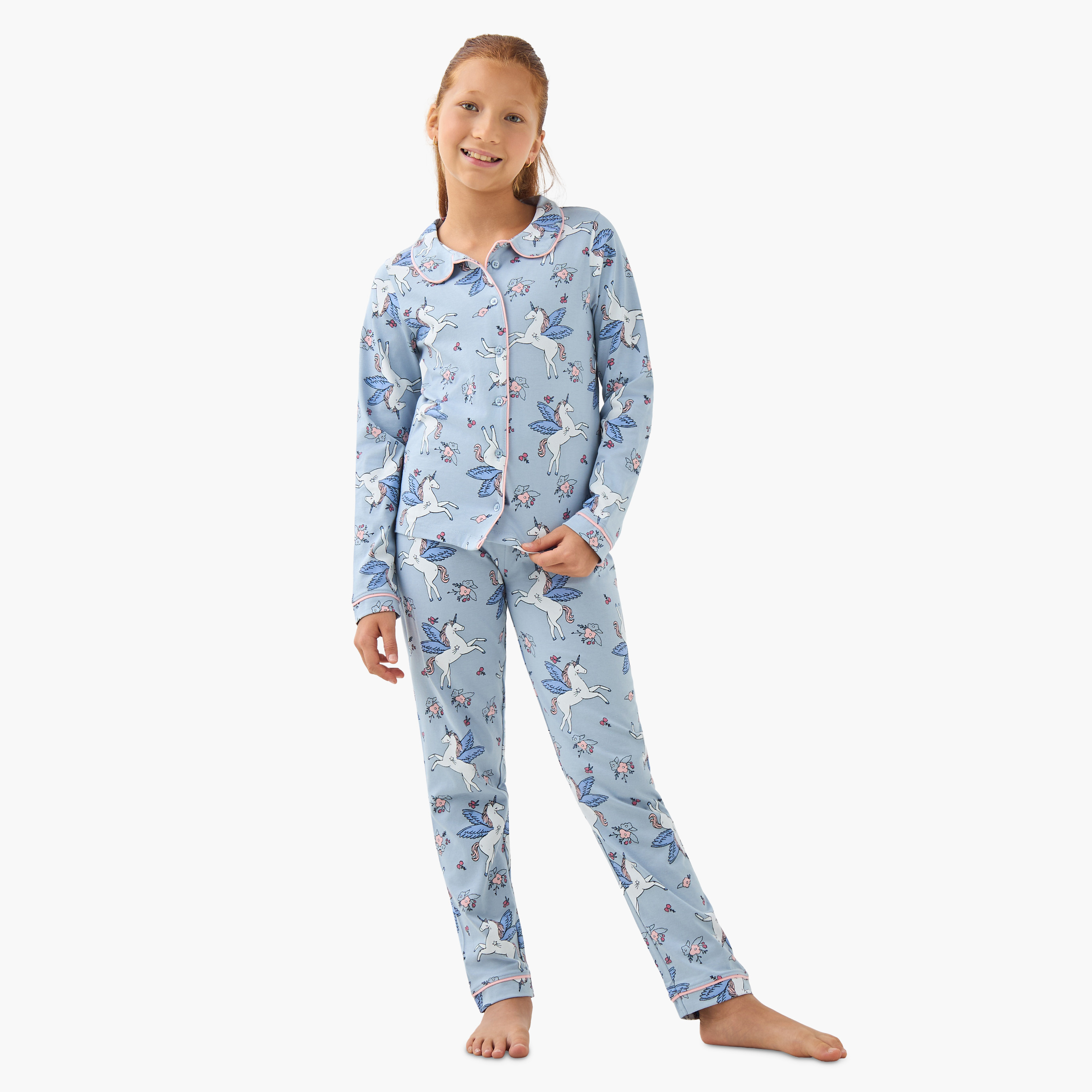 Juniors Girls Pyjama Set with Unicorn Print - Cotton - Long Sleeves - Crew Neck-girls-clothing-nightwear-image-1