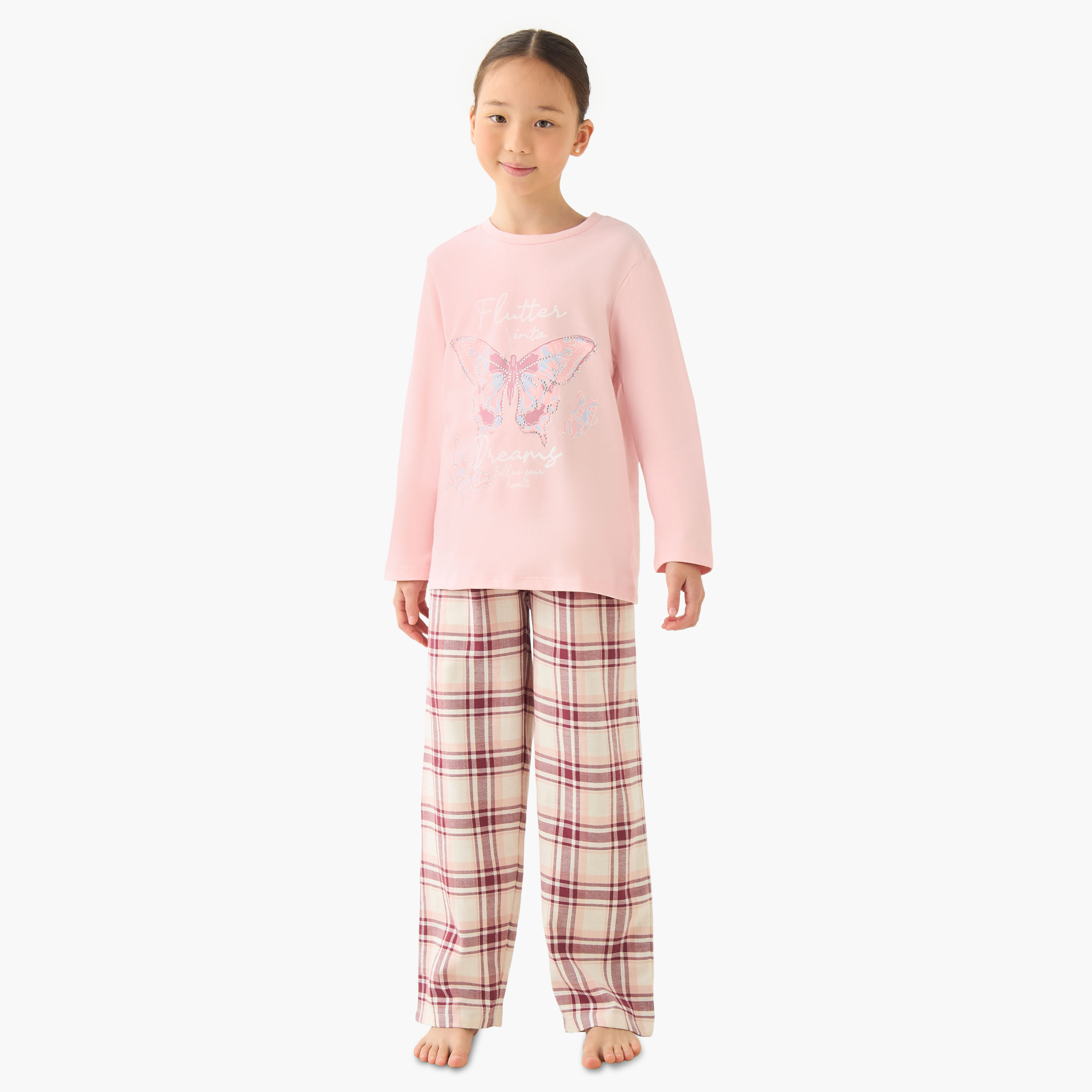 Juniors Girls T-shirt and Pyjama Set with Butterfly Print - Cotton - Long Sleeves - Crew Neck-girls-clothing-nightwear-image-1