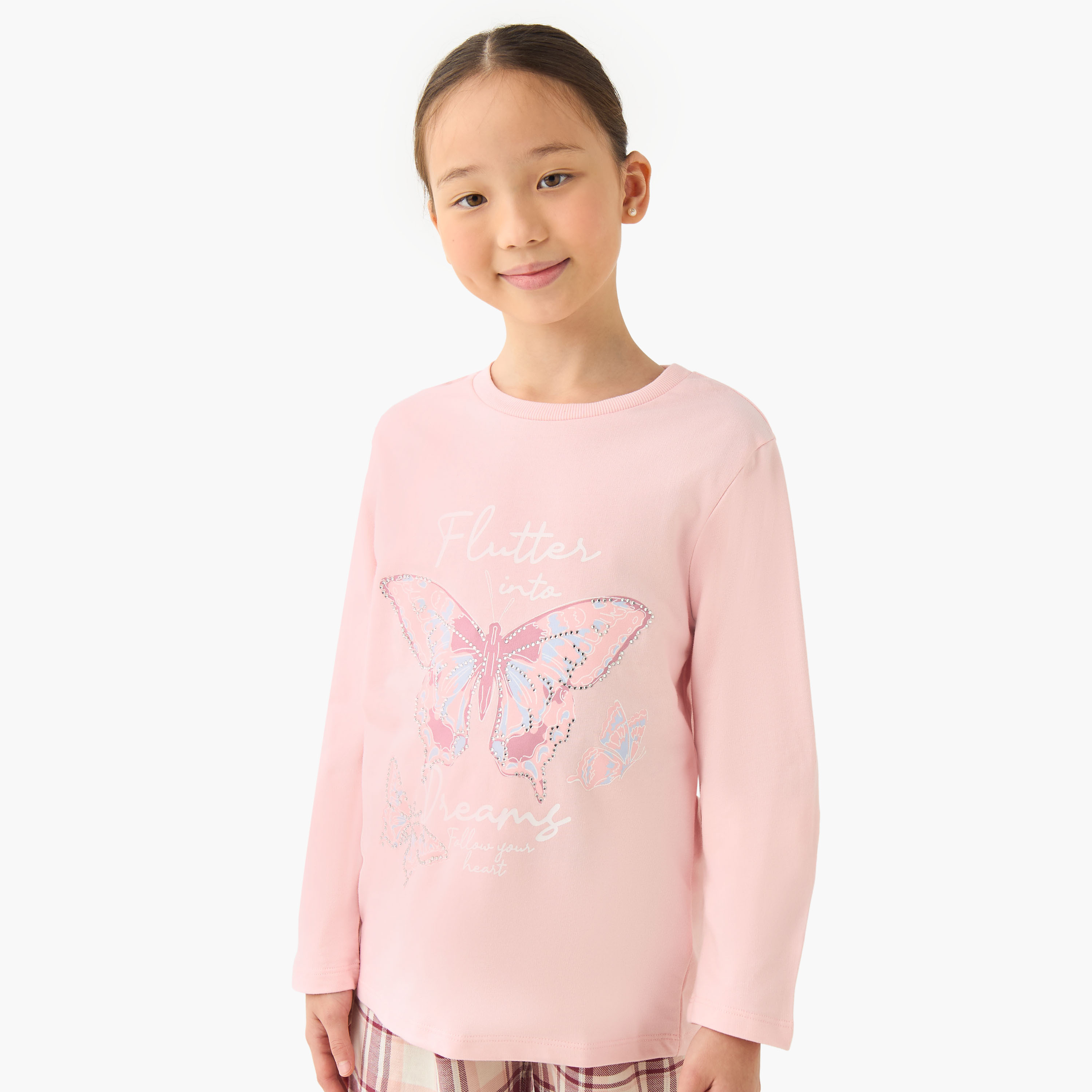 Juniors Girls T-shirt and Pyjama Set with Butterfly Print - Cotton - Long Sleeves - Crew Neck-girls-clothing-nightwear-image-2