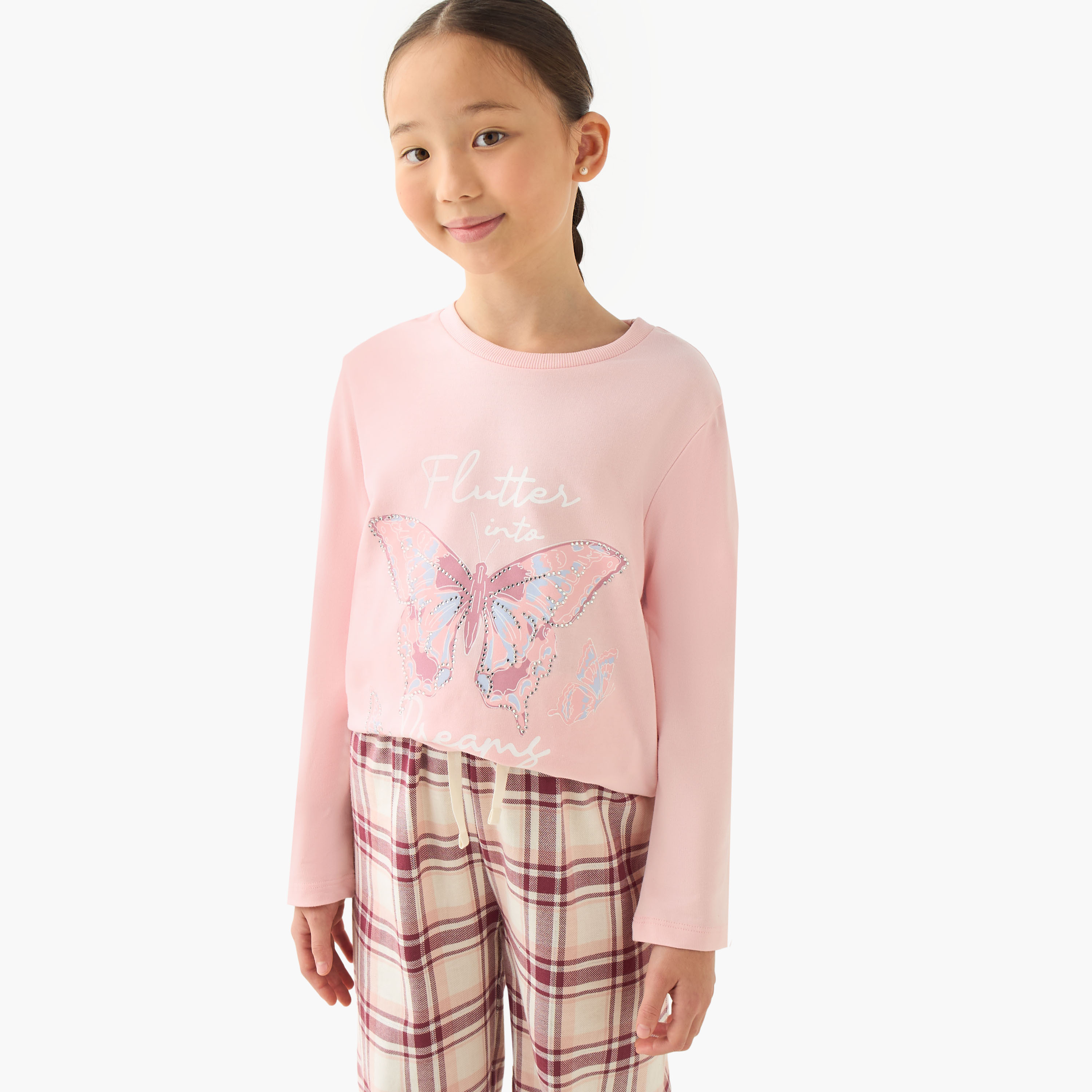 Juniors Girls T-shirt and Pyjama Set with Butterfly Print - Cotton - Long Sleeves - Crew Neck-girls-clothing-nightwear-image-5