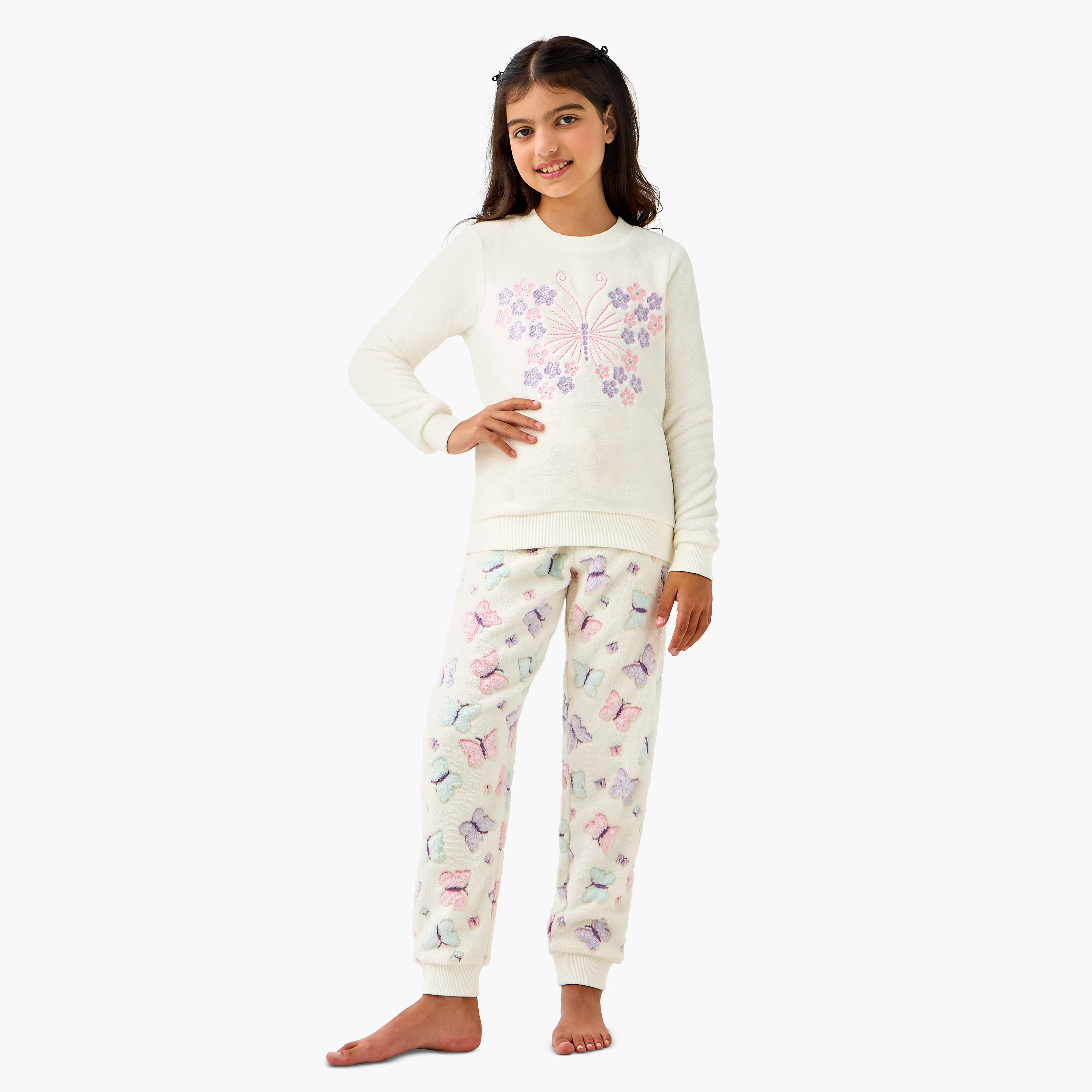 Juniors Butterfly Embroidered Top and Pyjama Set-girls-clothing-winterwear-pyjamasets-image-1