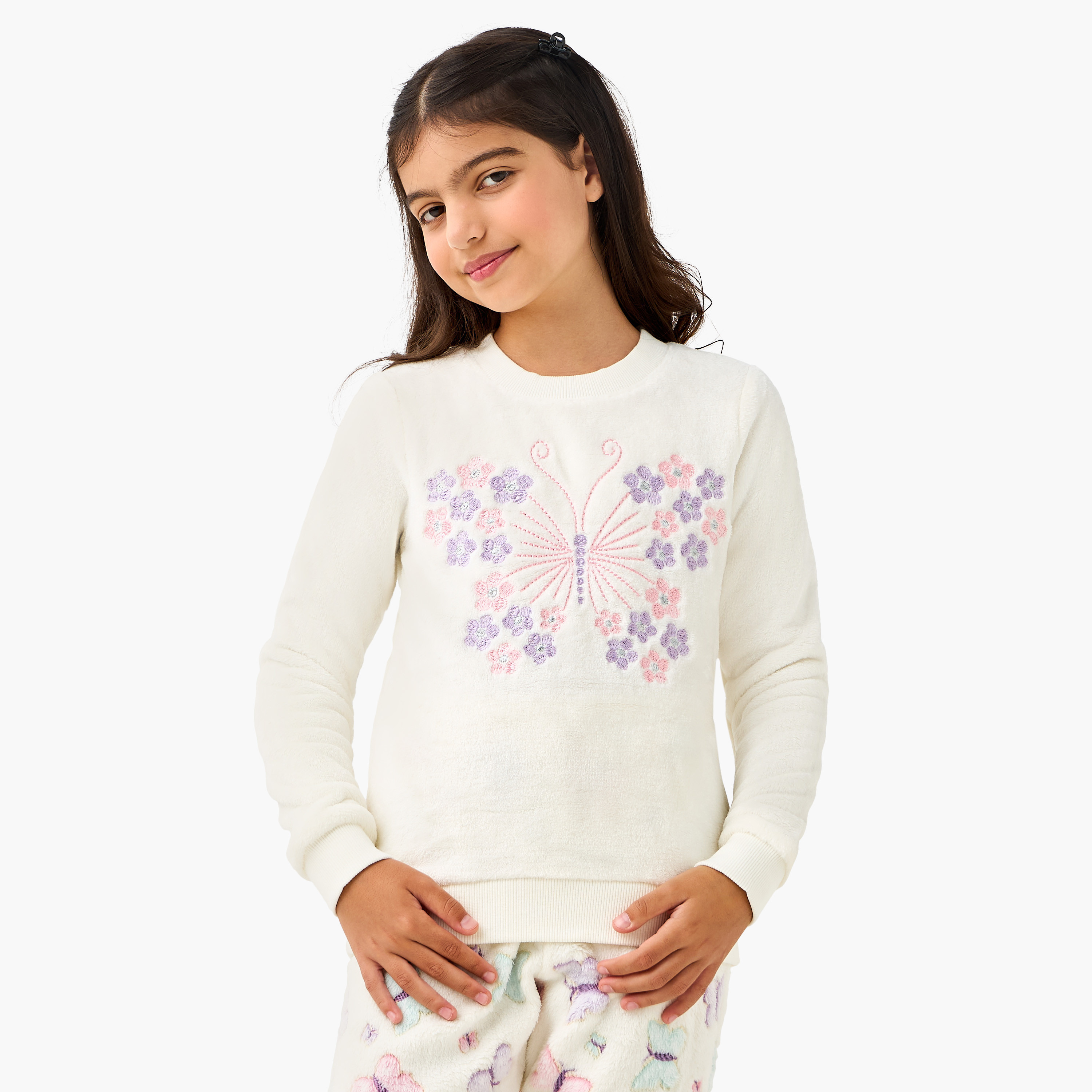 Juniors Butterfly Embroidered Top and Pyjama Set-girls-clothing-winterwear-pyjamasets-image-2