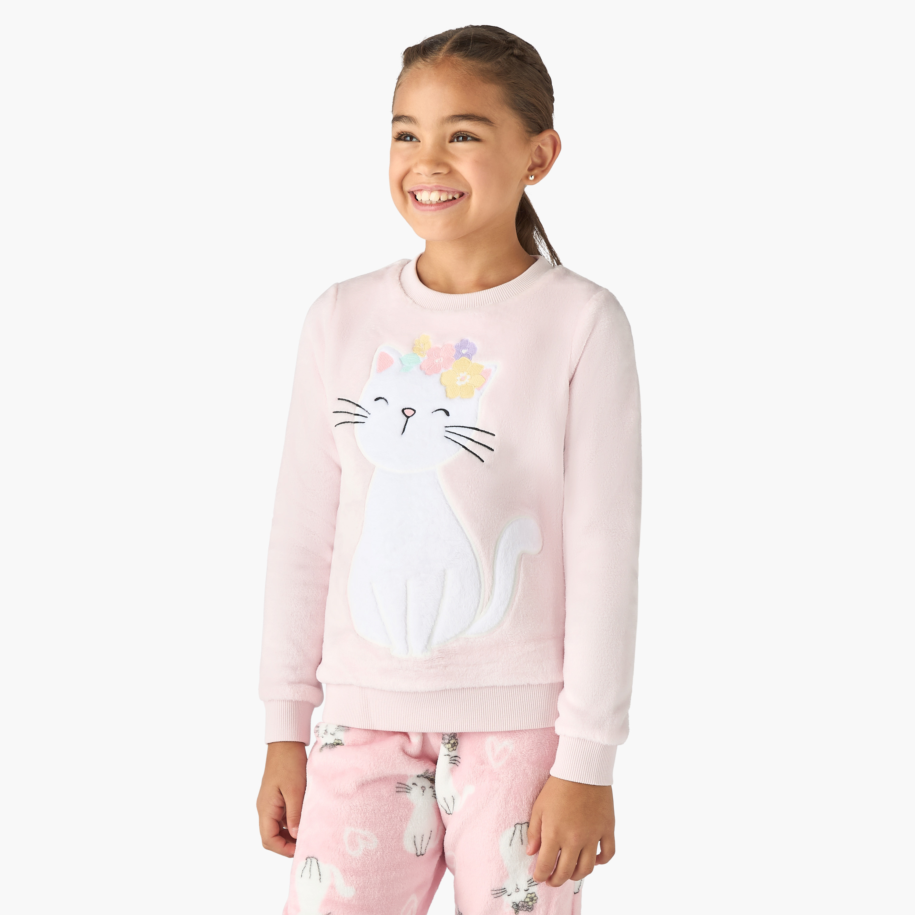 Juniors Cat Applique Fleece T-shirt and Pyjama Set-girls-clothing-winterwear-pyjamasets-image-2