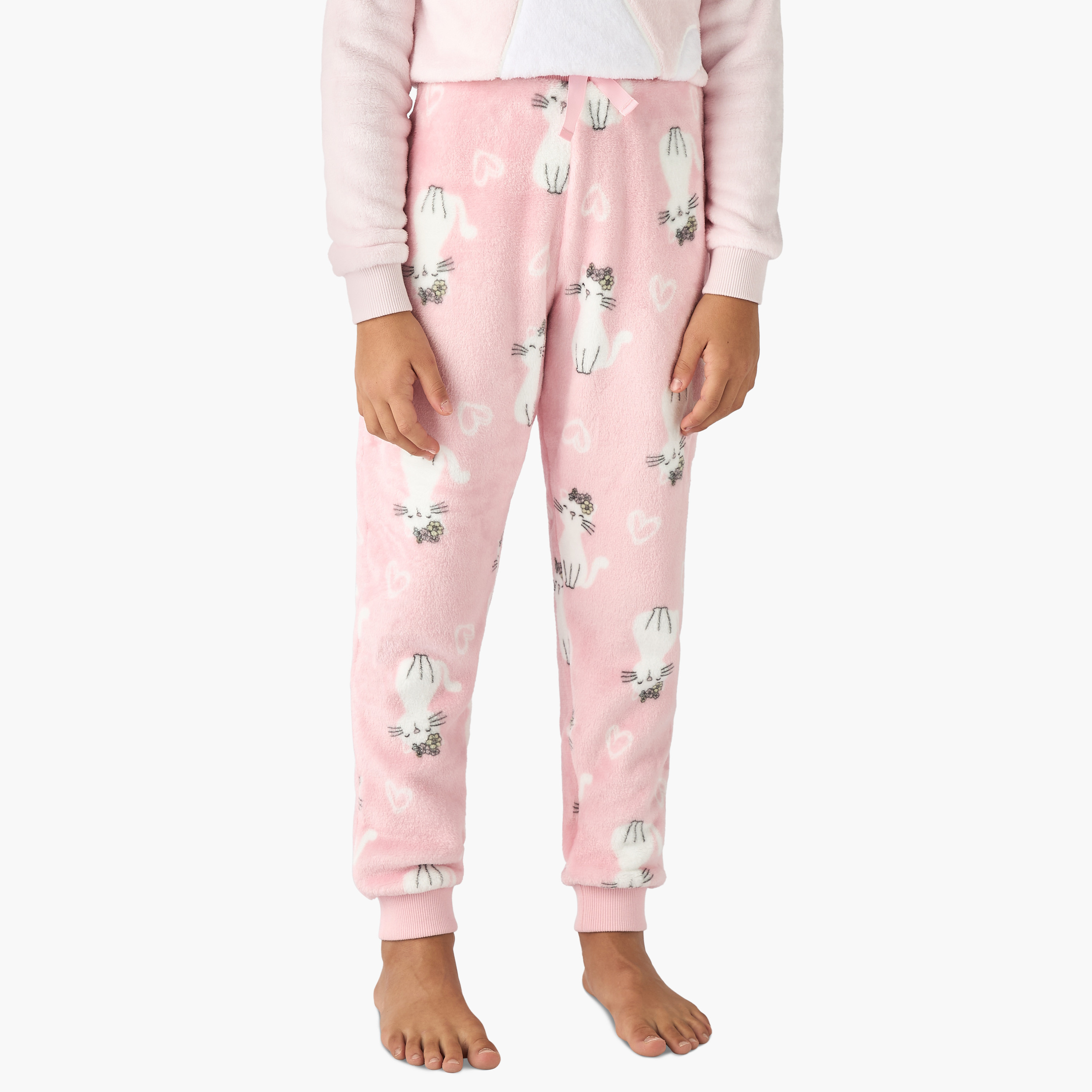 Juniors Cat Applique Fleece T-shirt and Pyjama Set-girls-clothing-winterwear-pyjamasets-image-3