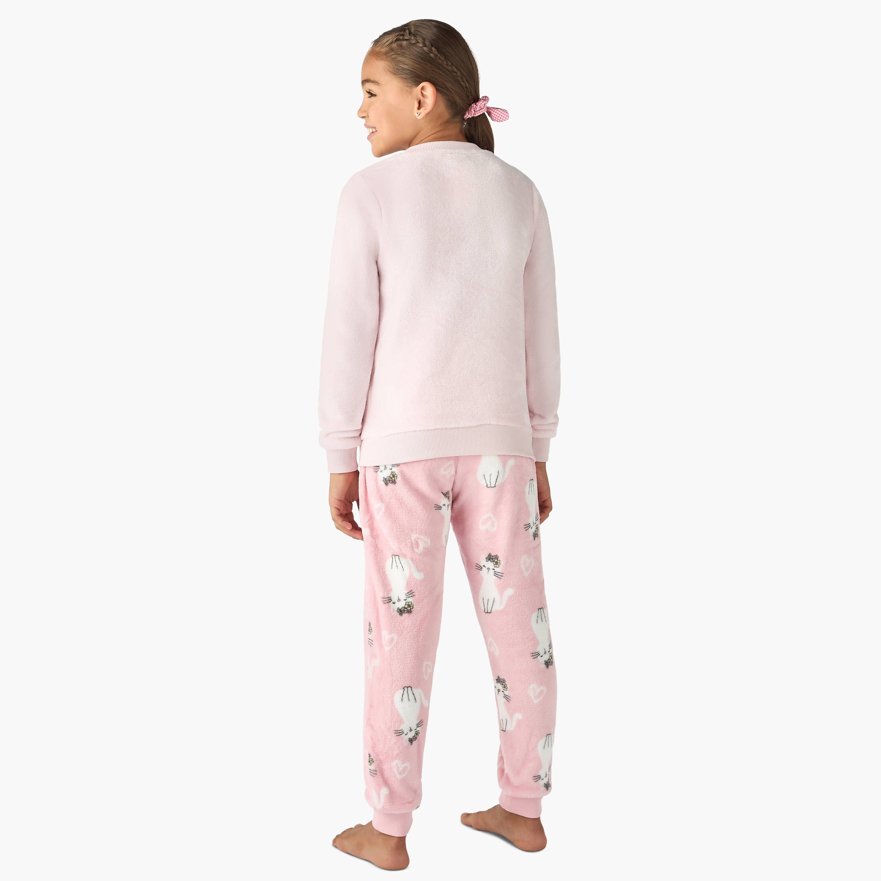 Juniors Cat Applique Fleece T-shirt and Pyjama Set-girls-clothing-winterwear-pyjamasets-image-4