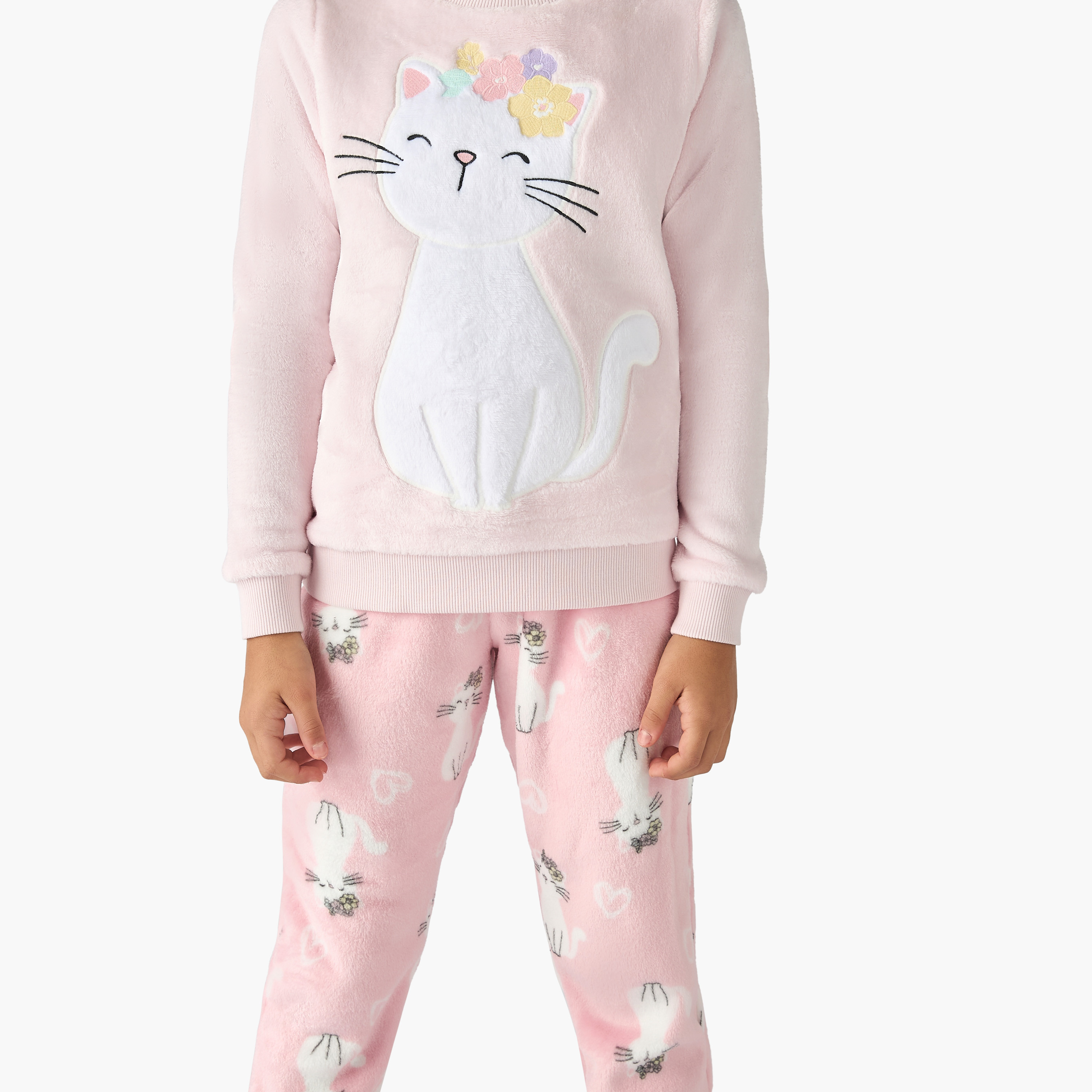 Juniors Cat Applique Fleece T-shirt and Pyjama Set-girls-clothing-winterwear-pyjamasets-image-5