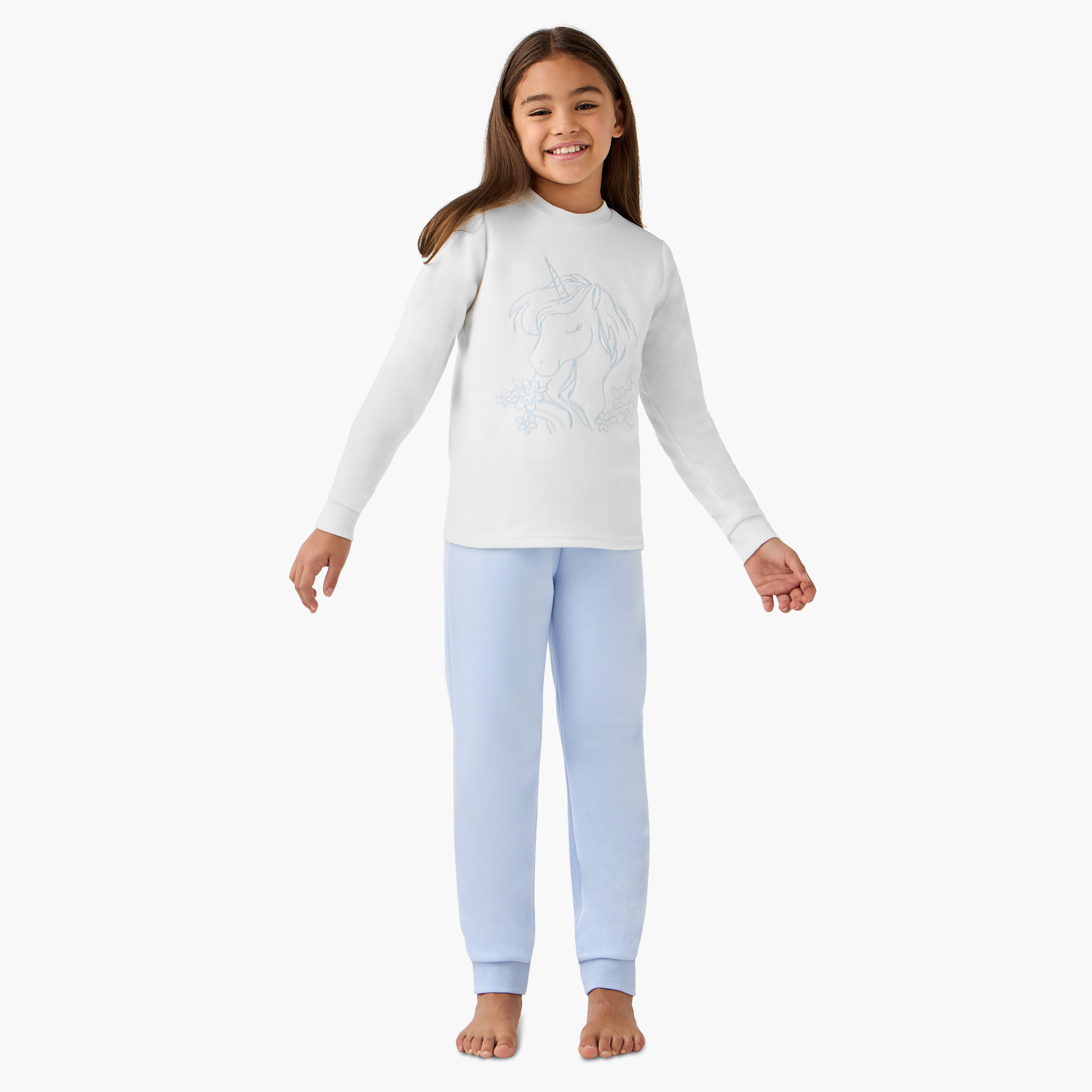 Juniors Unicorn Fleece T-shirt and Pyjama Set-girls-clothing-winterwear-pyjamasets-image-1