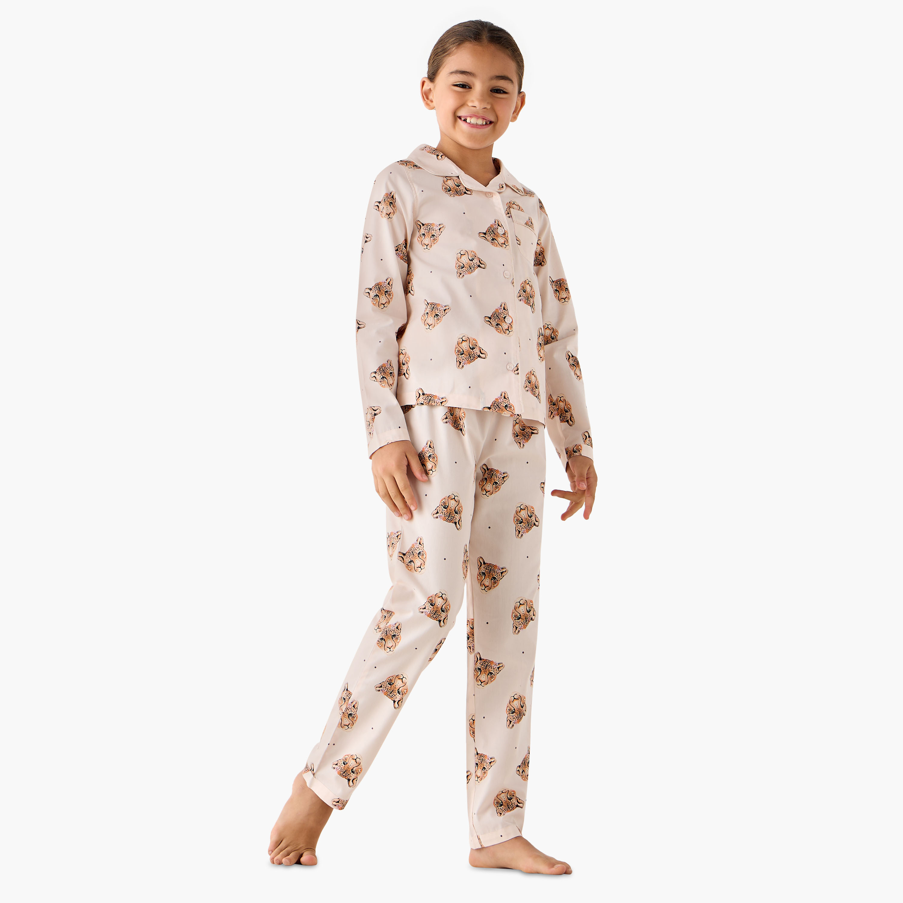 Juniors Cotton Notch Collar Long Sleeve Pyjama Set with Leopard Print-girls-clothing-nightwear-image-1