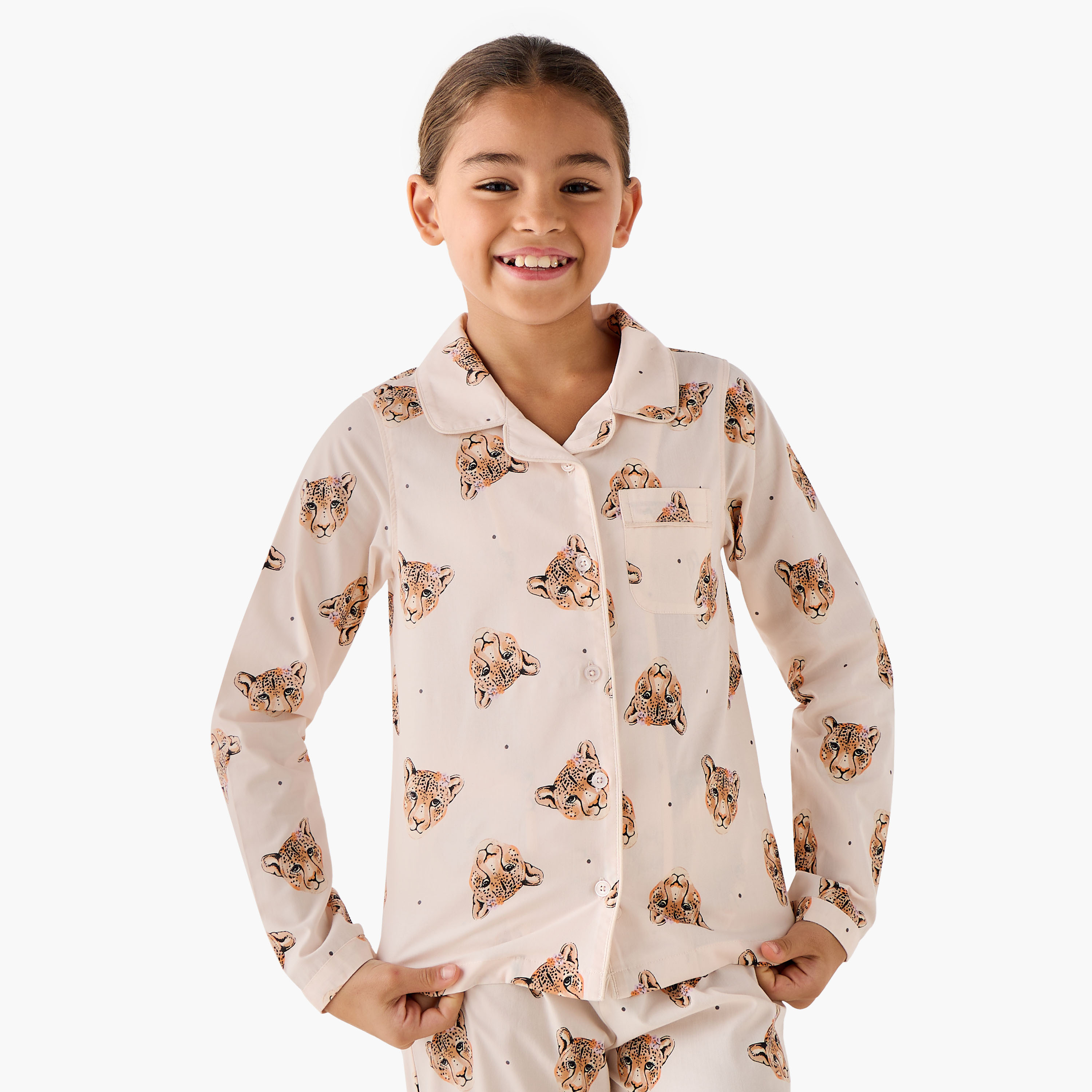 Juniors Cotton Notch Collar Long Sleeve Pyjama Set with Leopard Print-girls-clothing-nightwear-image-2