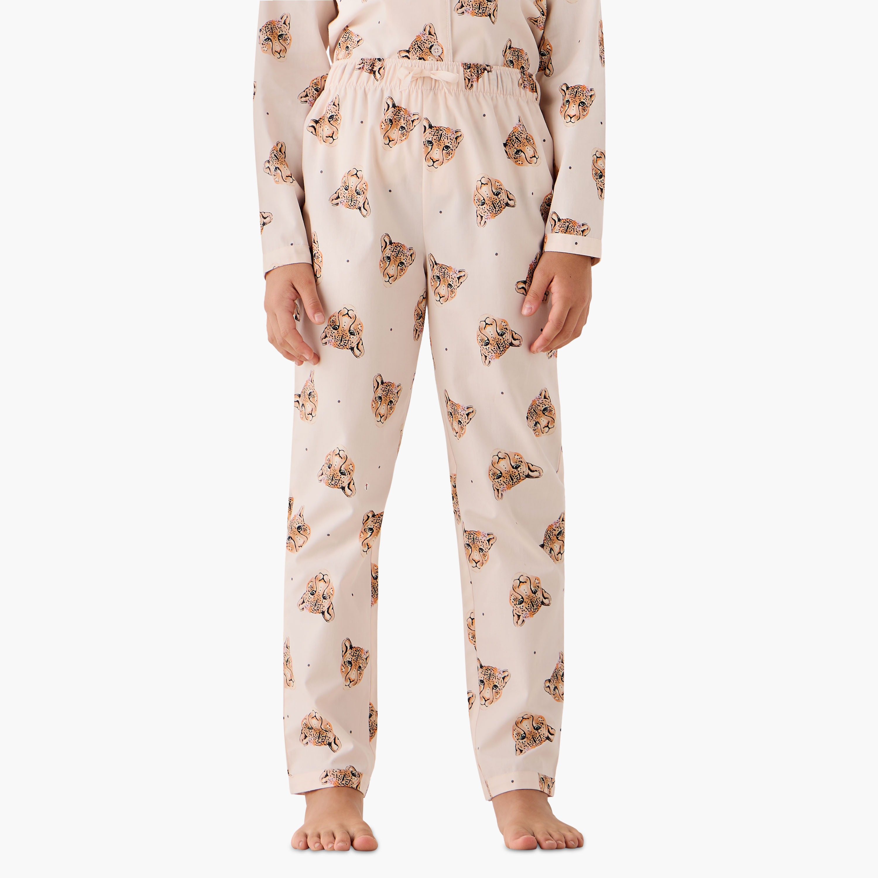 Juniors Cotton Notch Collar Long Sleeve Pyjama Set with Leopard Print-girls-clothing-nightwear-image-3