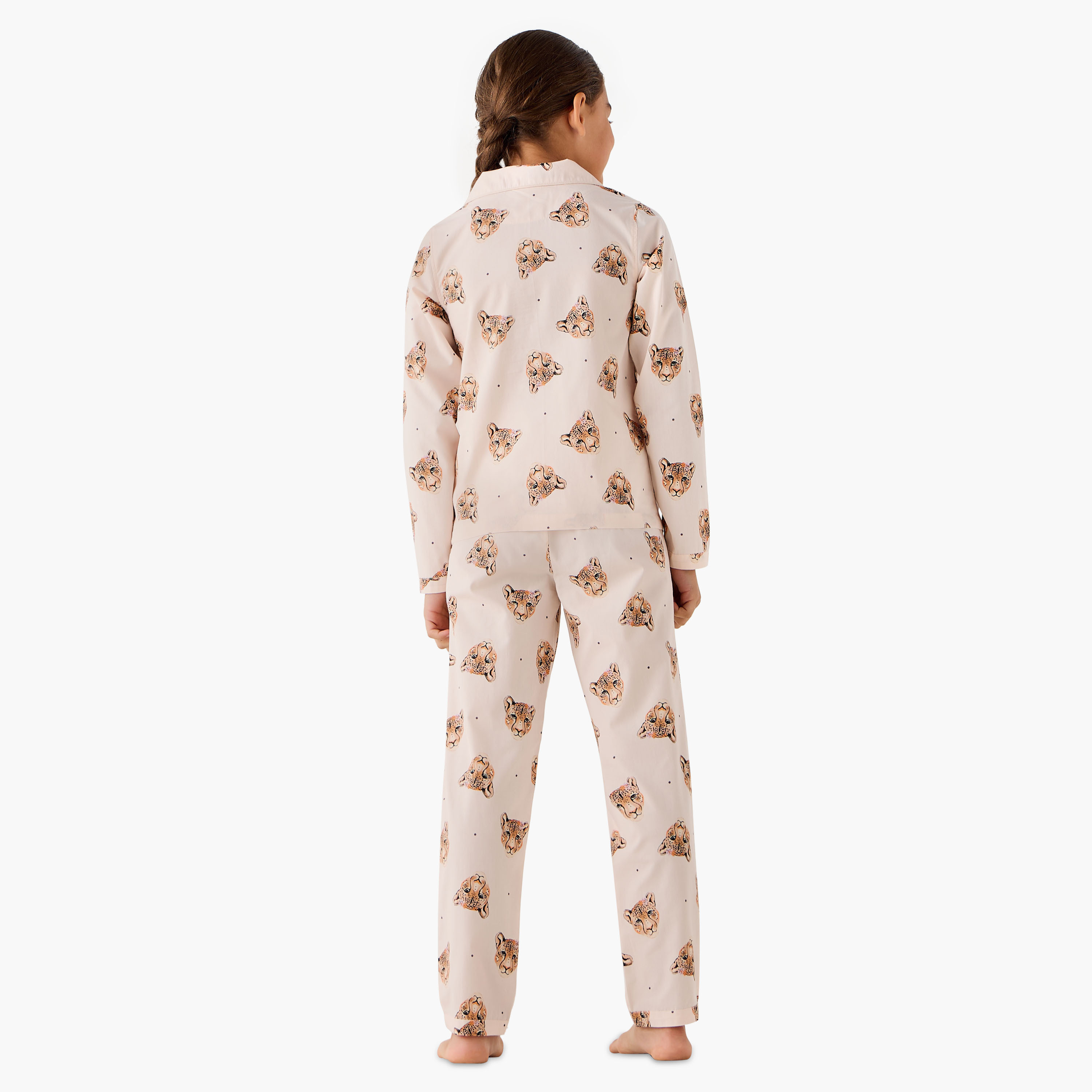 Juniors Cotton Notch Collar Long Sleeve Pyjama Set with Leopard Print-girls-clothing-nightwear-image-4