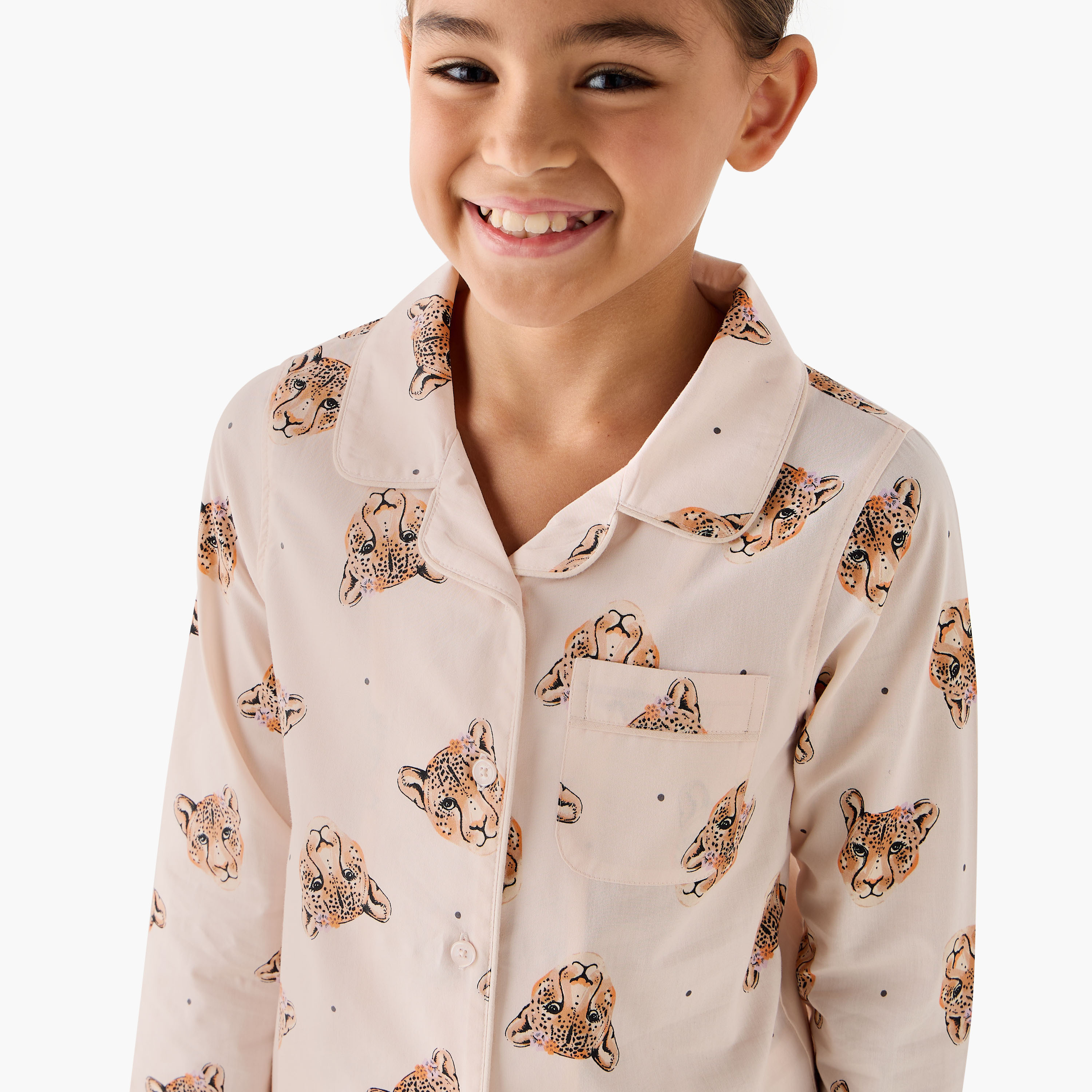 Juniors Cotton Notch Collar Long Sleeve Pyjama Set with Leopard Print-girls-clothing-nightwear-image-5